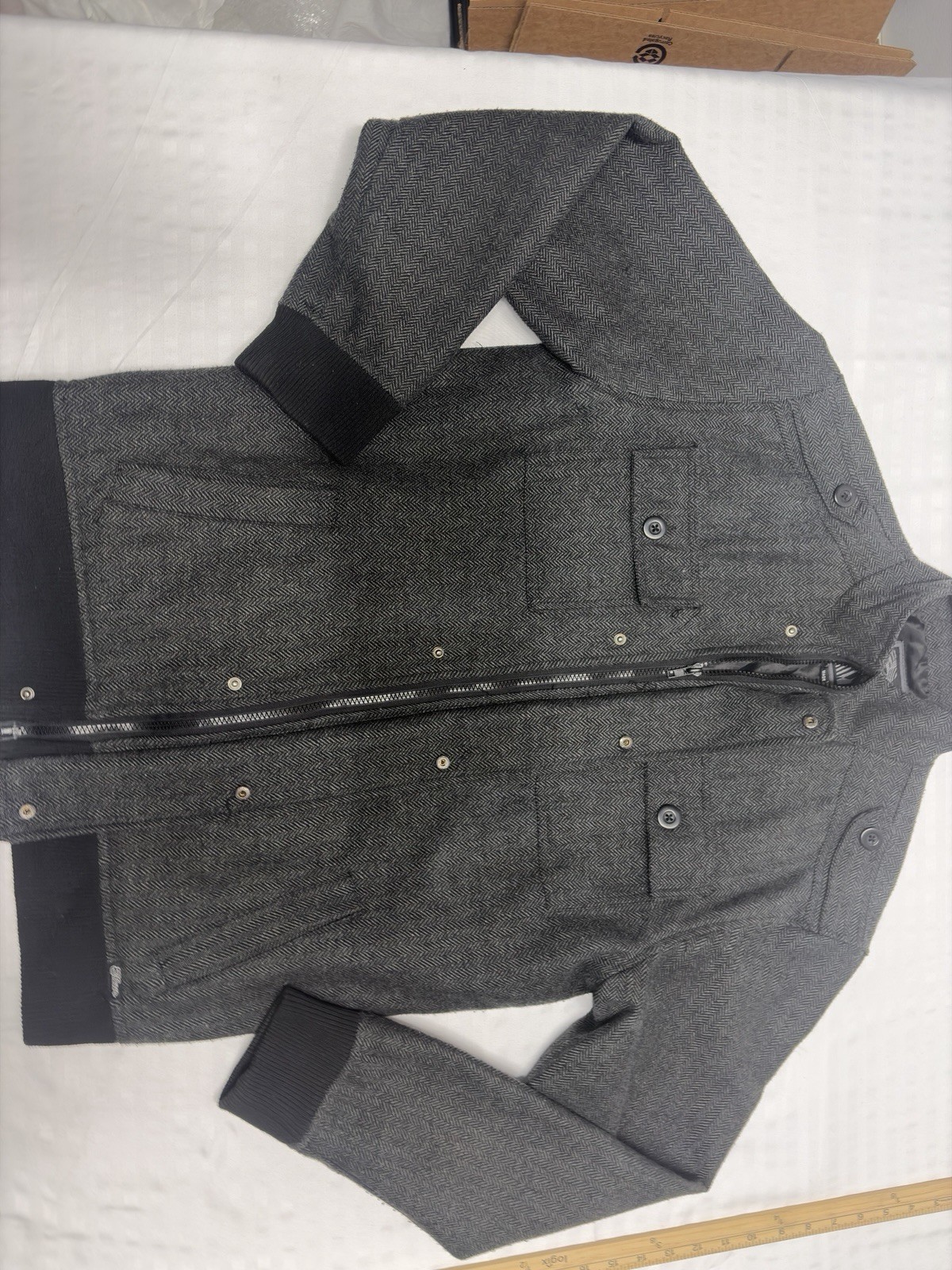 Y2k Elixir Jacket XL Gray tweed full Zip Button Insulated Lining pockets Aviator