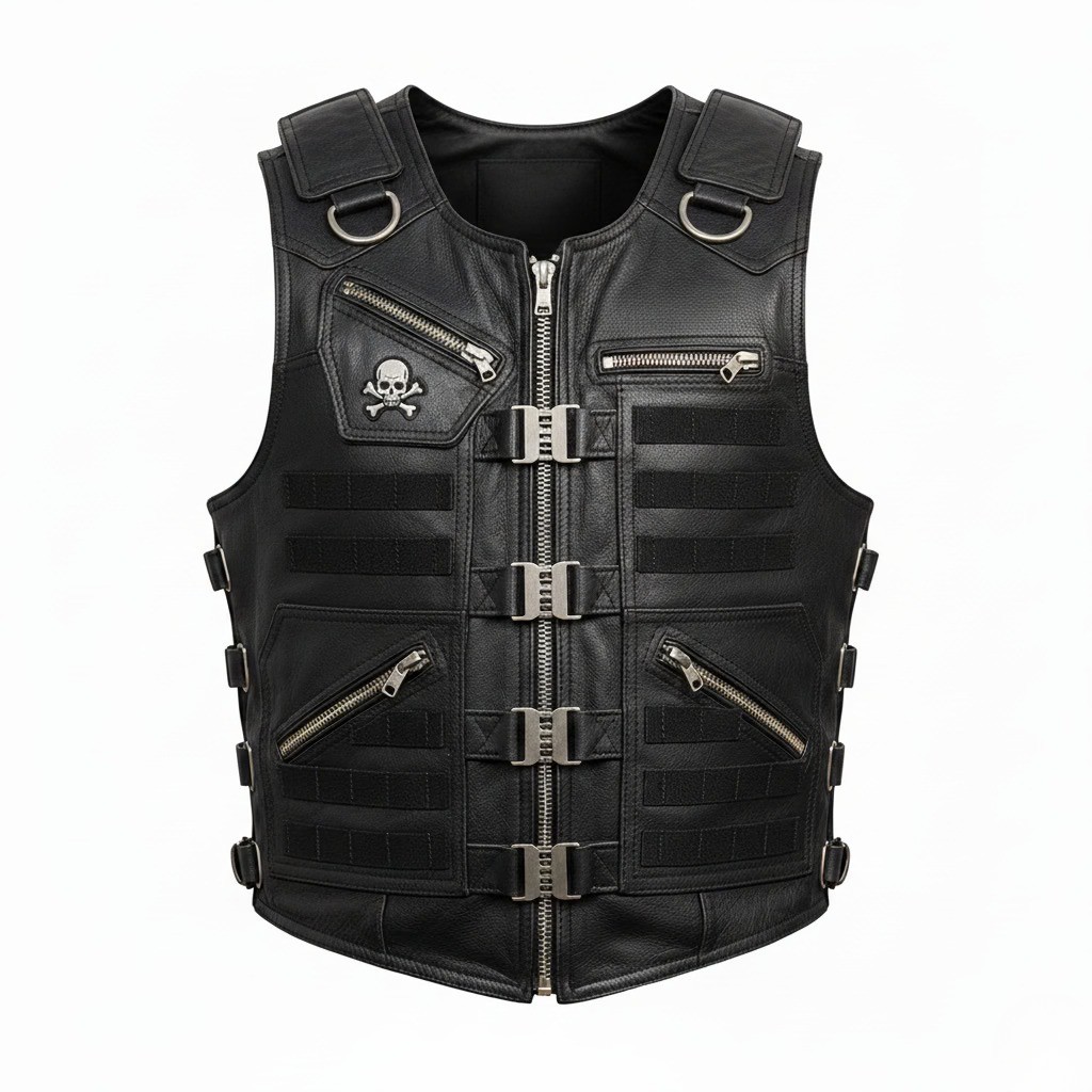 Men Bullet Proof style Leather Motorcycle Vest for bikers Tactical waistcoat