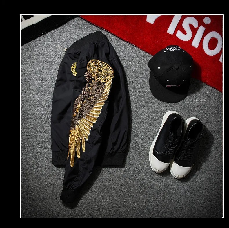 Luxury Men’s Eagle Wings Embroidery Bomber Jacket Hip Hop Streetwear Pilot Coat