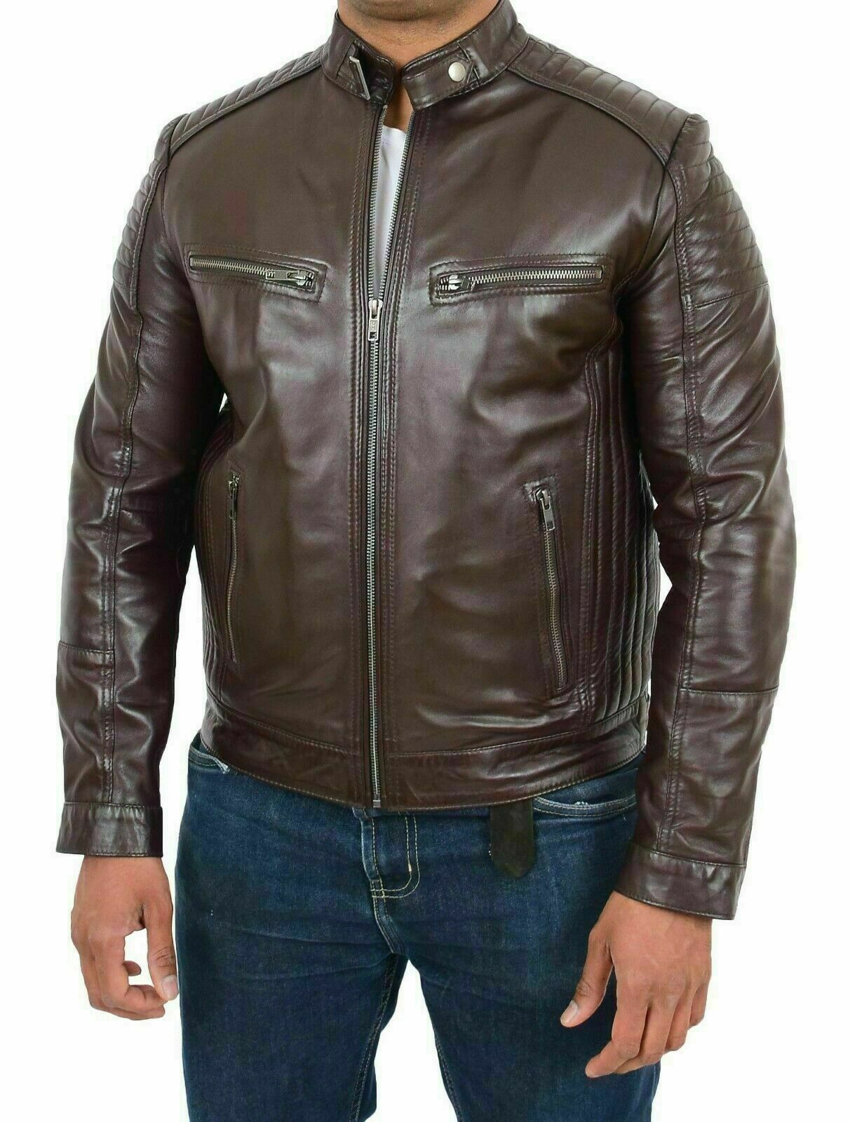 Men’s 100% Leather Guaranteed Lambskin Jacket Biker Motorcycle Basic Brown Coat