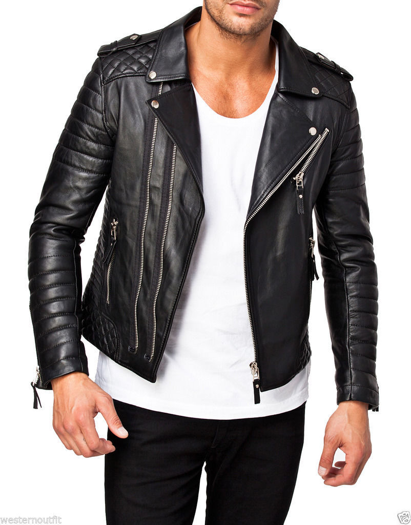 MENS ASYMMETRICAL BIKER LEATHER JACKET SLIM FIT 100% SHEEPSKIN REAL LEATHER