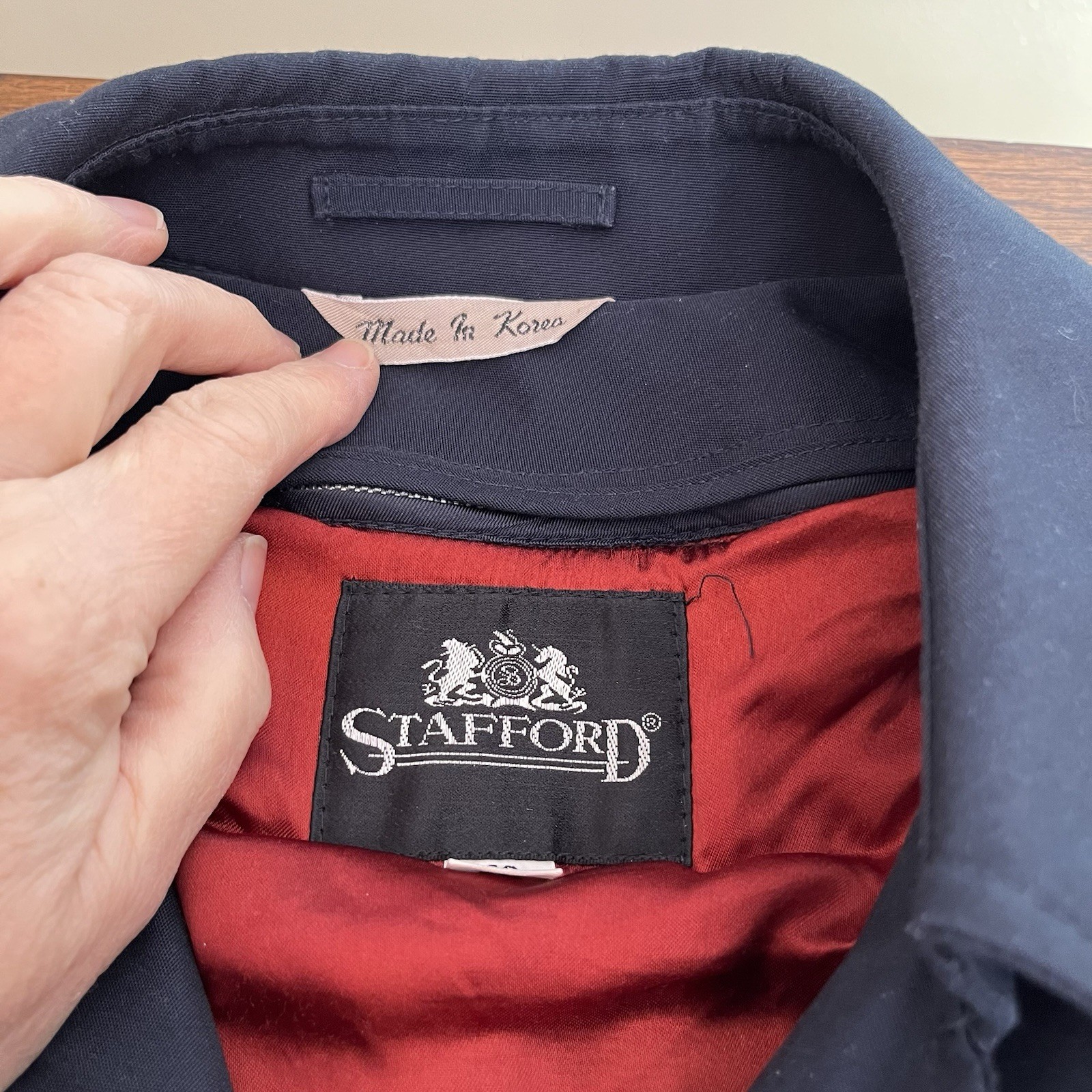 VTG Stafford Trench Coat Navy Double Breasted W/ Liner 42 Reg Classic Preppy