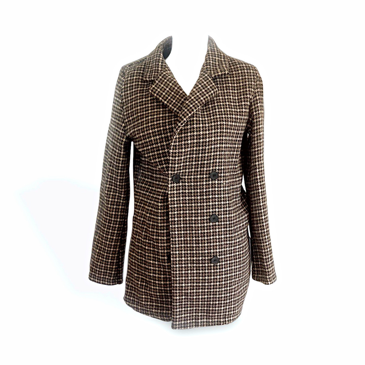 SheIn Unisex Brown/White Check Overcoat Button Front Notch Collar Size S