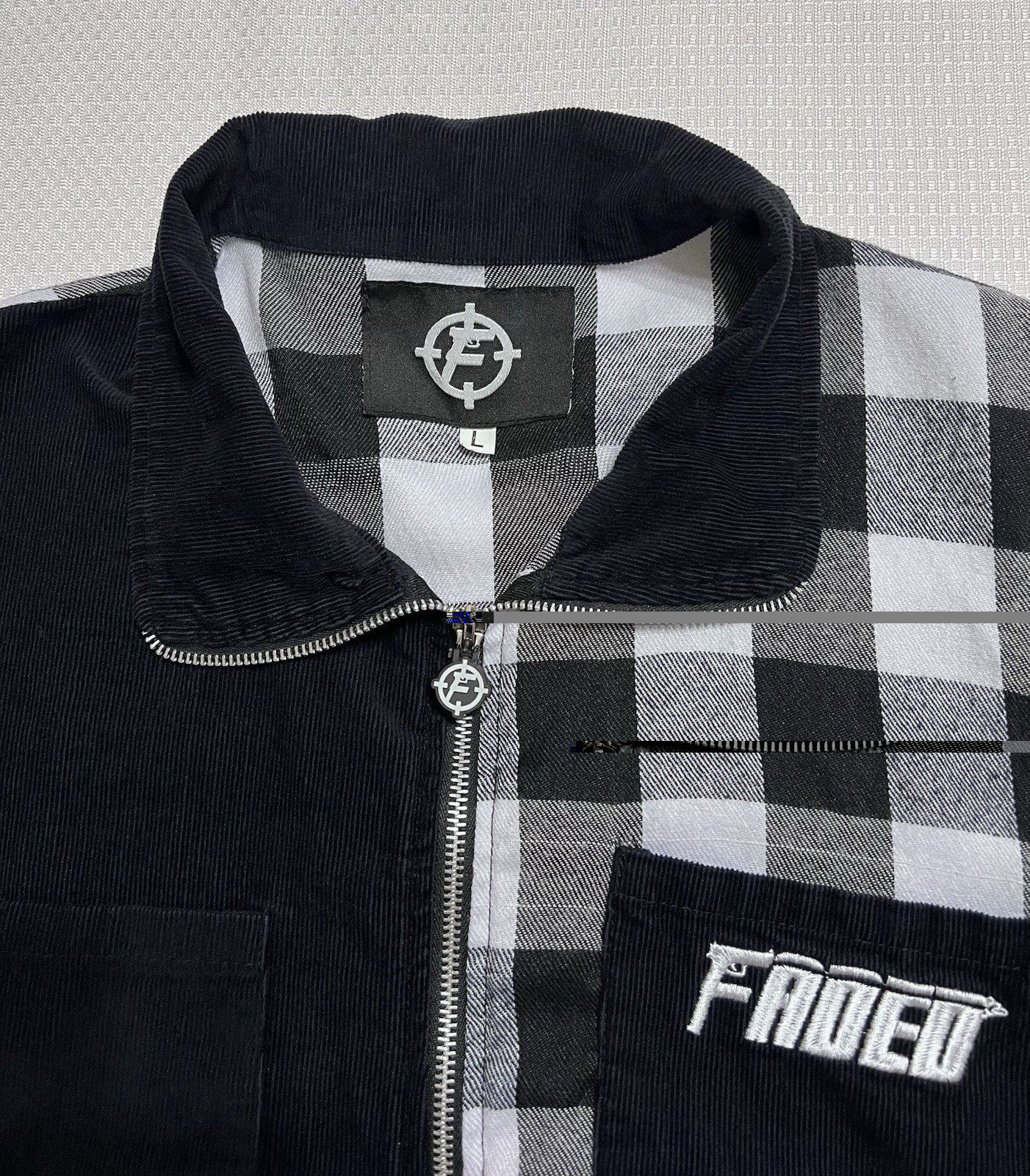 Size L Black White Buffalo Plaid Full Zip Mixed Fabric Jacket Embroidered