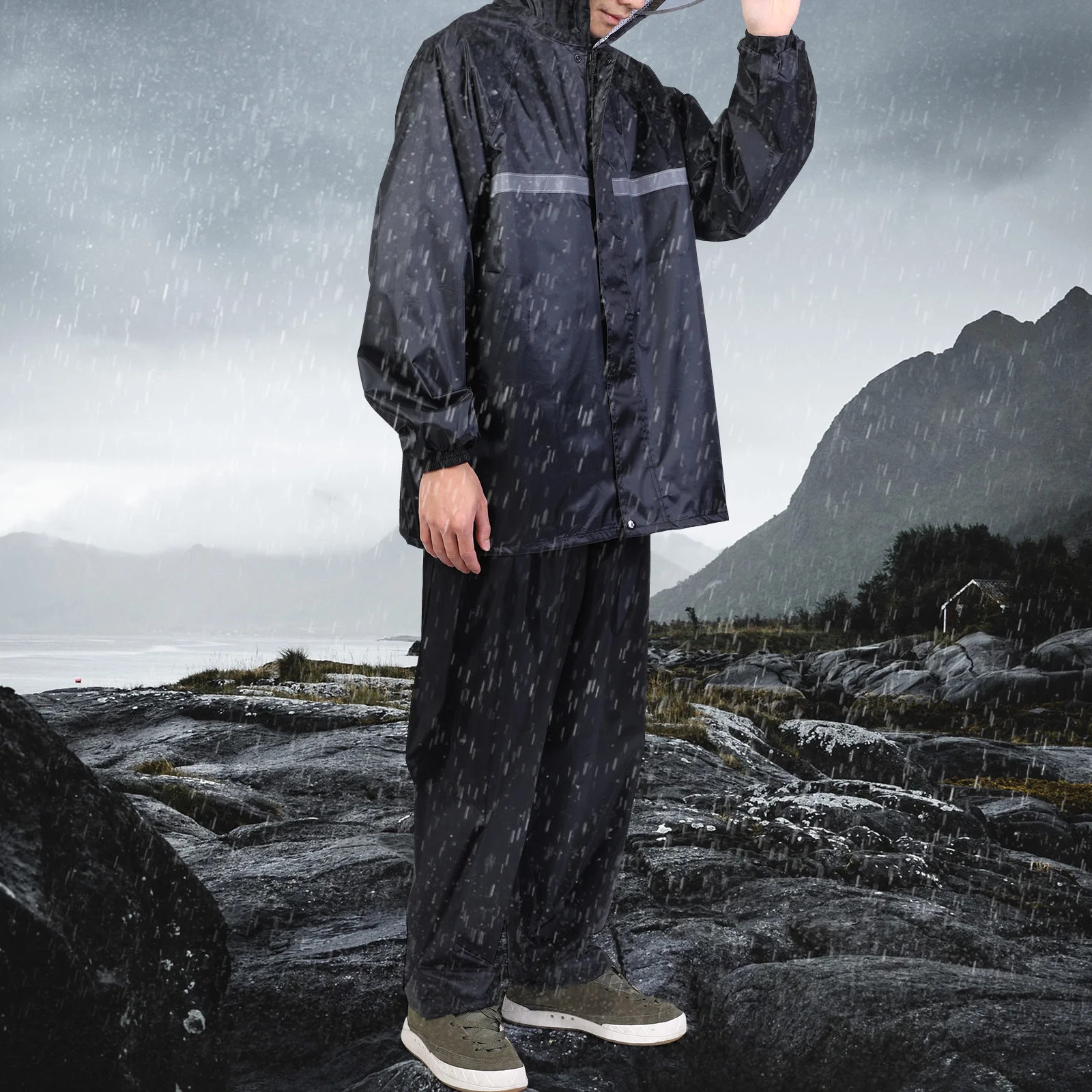 Mens Black Waterproof Rain Suits Heavy Duty Raincoat Fishing Rain Gear Jacket
