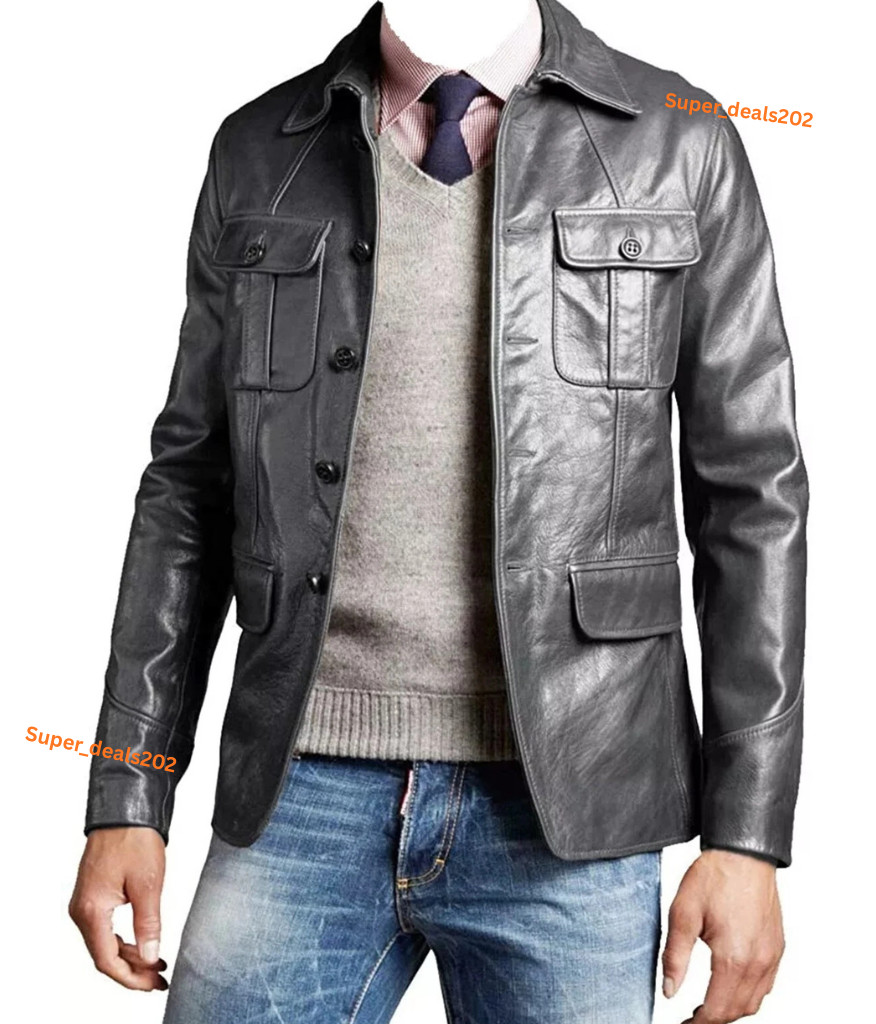 Lambskin Mens Gray Leather Blazer Four Button Casual Business Office Wear Style