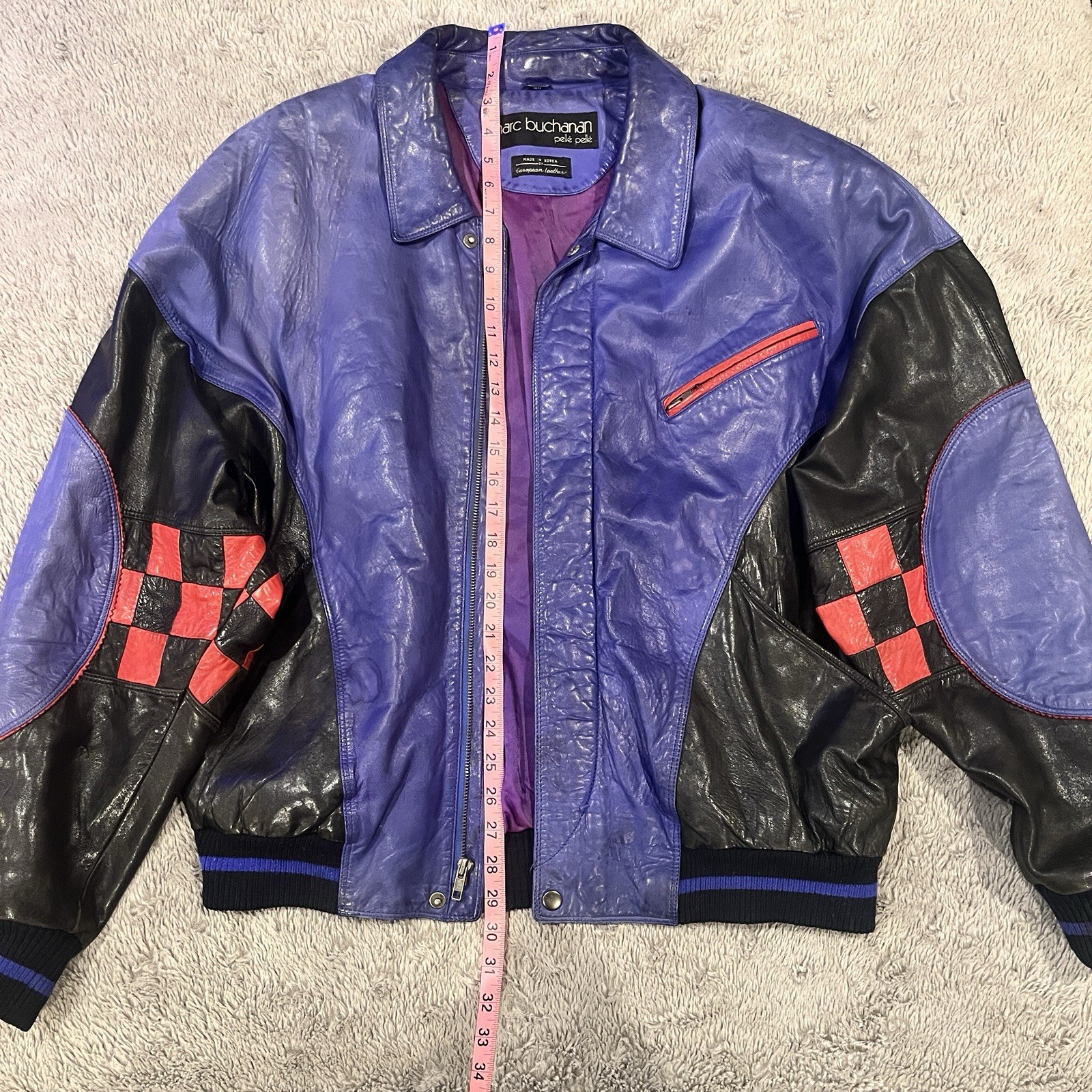 Marc Buchanan Pelle Pelle Soda Club Blue Purple Leather Jacket XL Vintage 90s