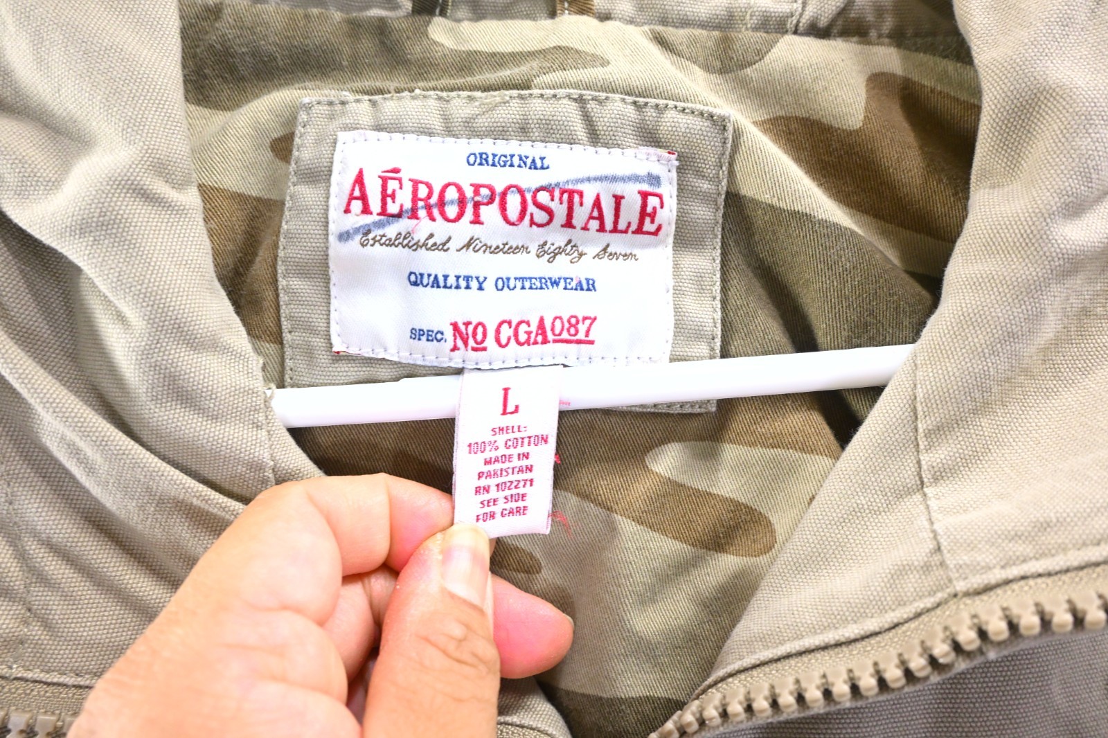 VTG Aeropostale Hooded Army Jacket Mens L Tan Full Zip Lightweight 100% Cotton