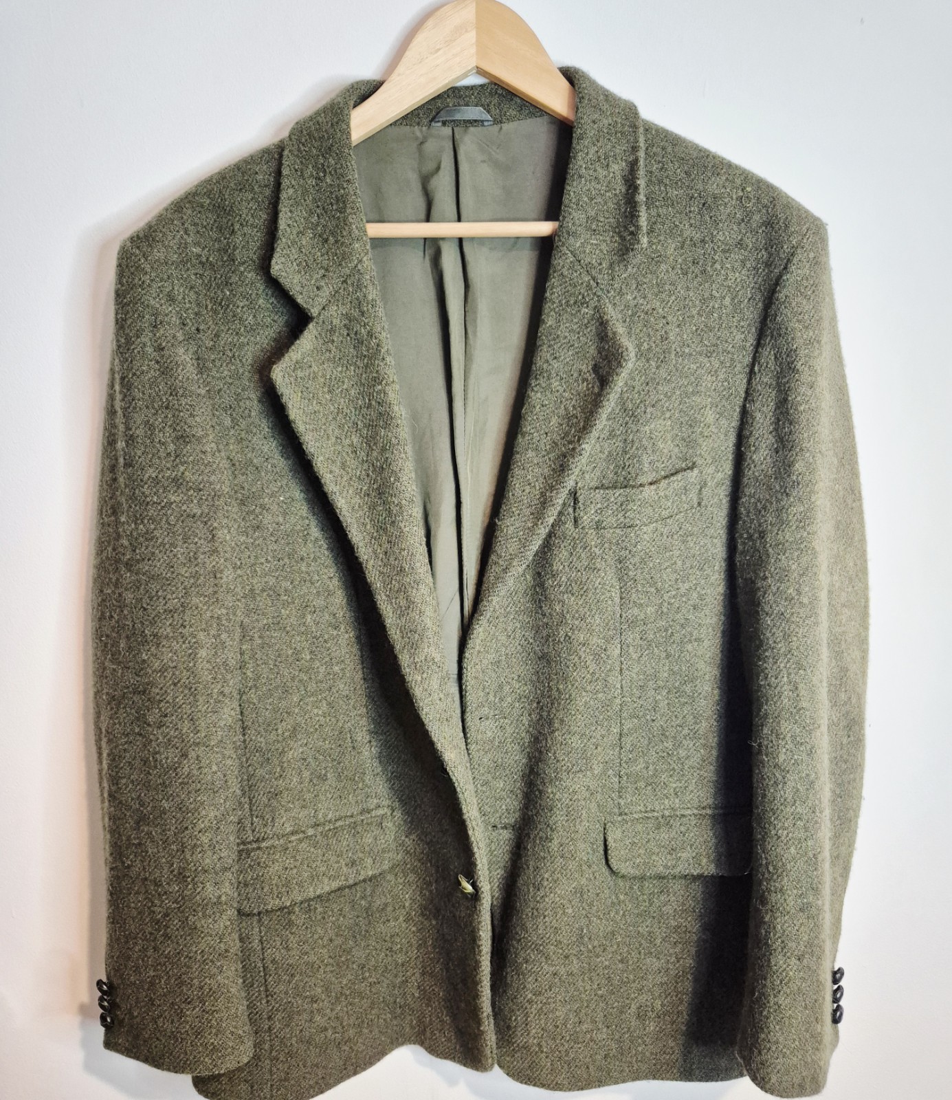 Harris Tweed Olive Green Wool Blazer 42R Vintage Country Heritage Dark Academia