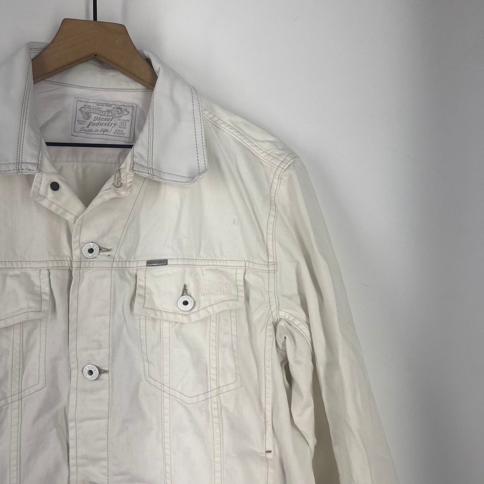 Diesel Industry Mens Denim Trucker Leather Collar Jacket Button Coat Size XL