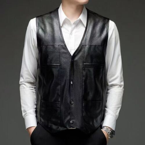 Mens Black Leather Vest Warm Biker Motorcycle Waistcoat Autumn Winter PU Vest