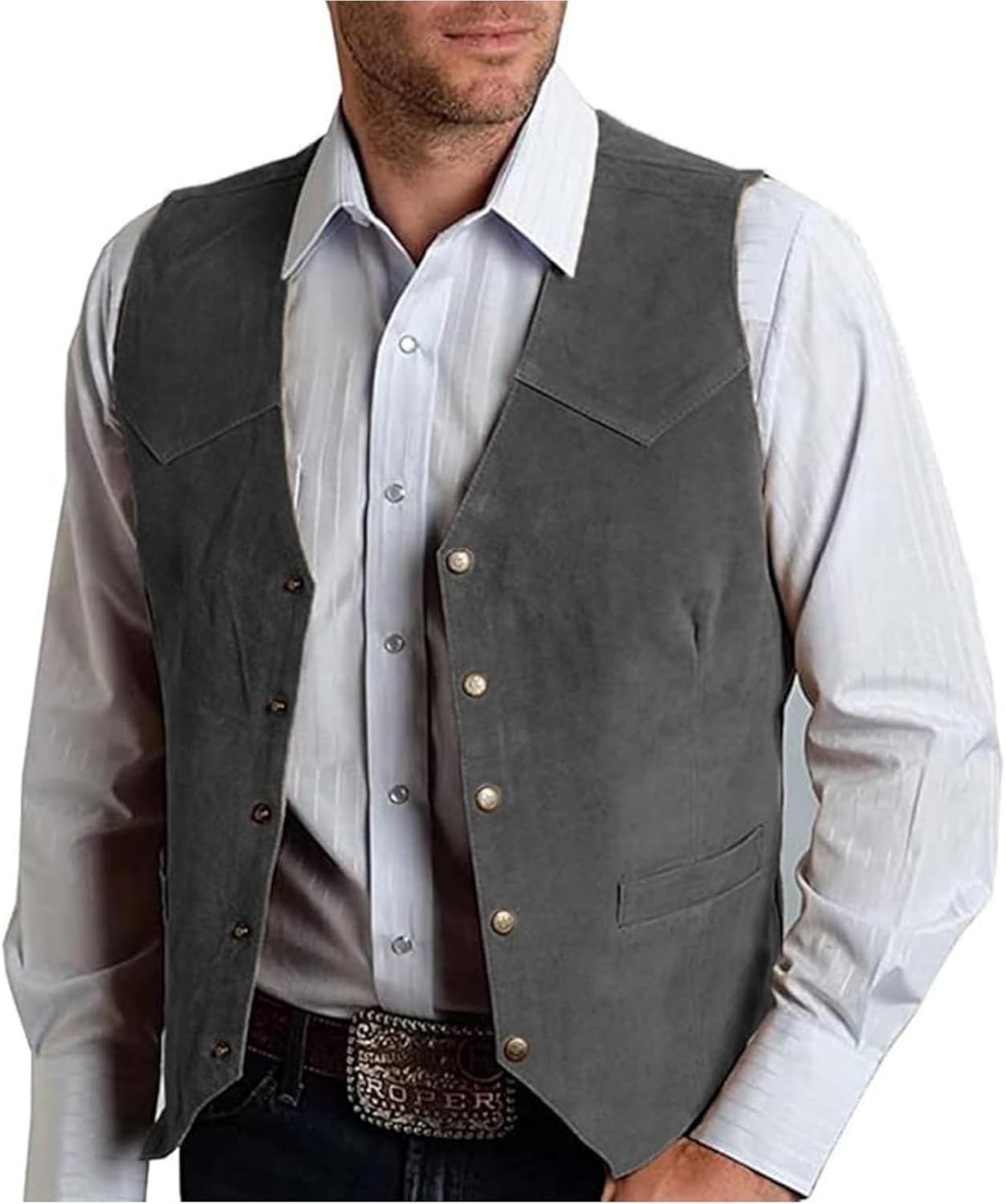 Men’s Suede Leather V-Neck Suit Vest 5 Button Regular Fit Waistcoat Prom Wedding