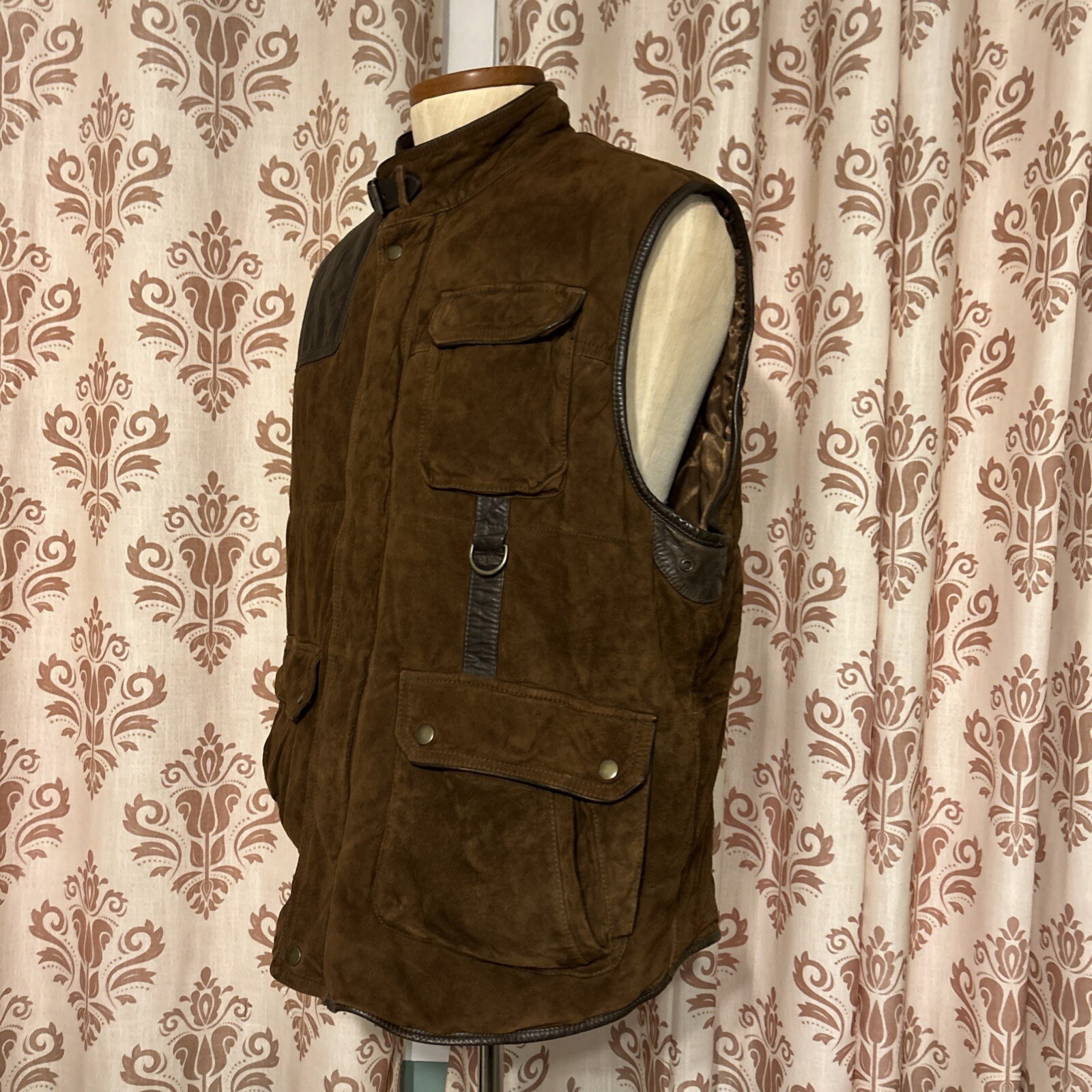 Daniel Cremieux Leather Vest Men Brown Medium Full Zip Button Belted Collar 2XB