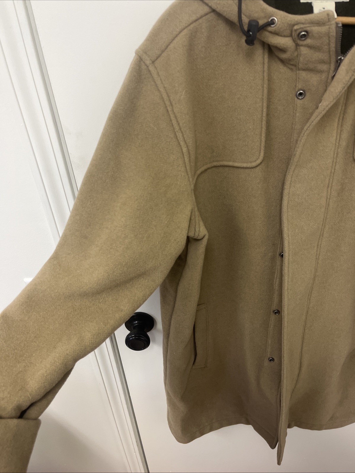 J Crew Wool Long Pea Coat Jacket Men Medium Brown Full Zip Button Drawstring