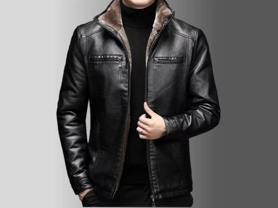 Men’s Genuine Leather Jacket Faux Fur Lining Slim Fit Motorcycle Style, XS-4XL