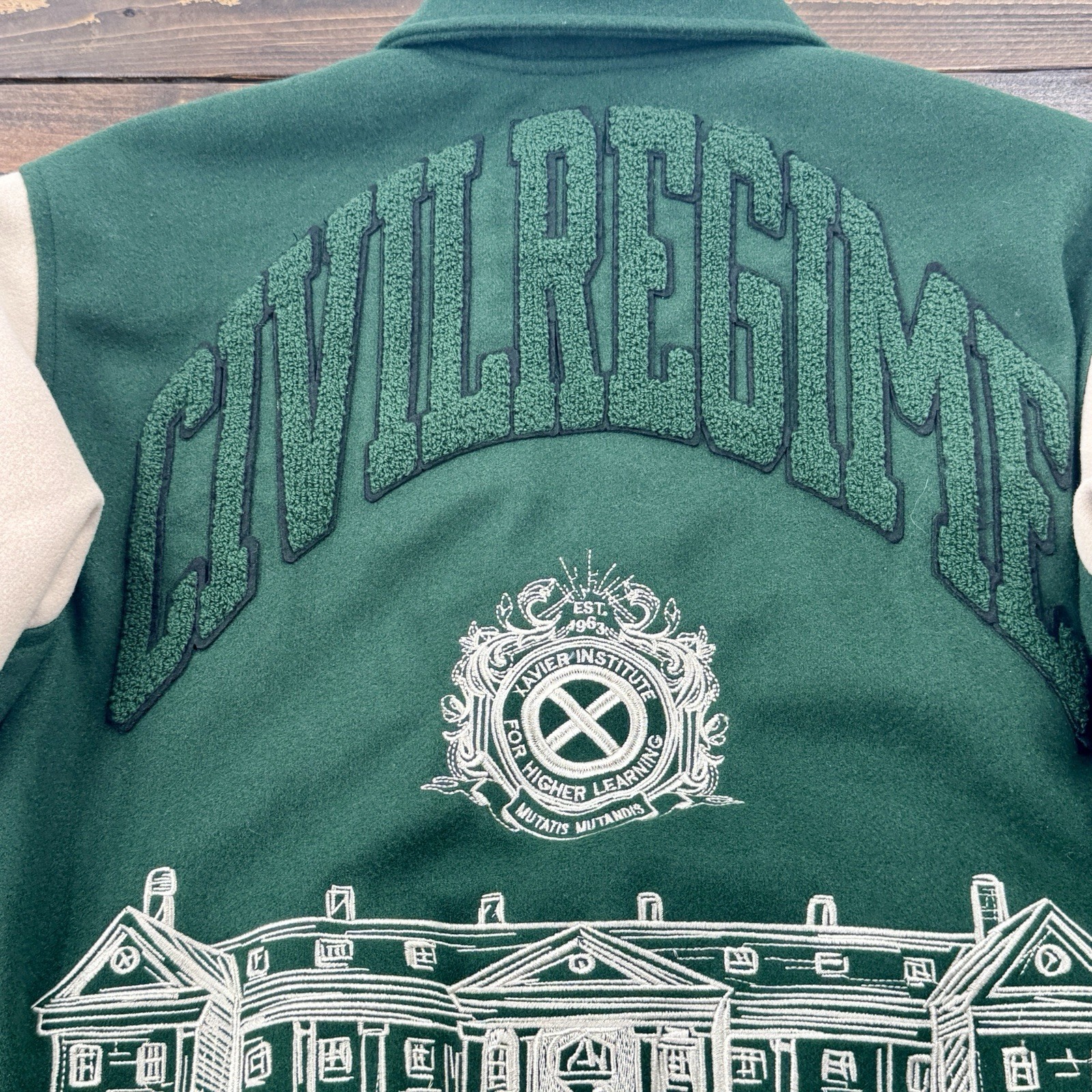 MARVEL X-MEN Varsity Letterman Jacket Green Adult Size S Xavier Institute RARE