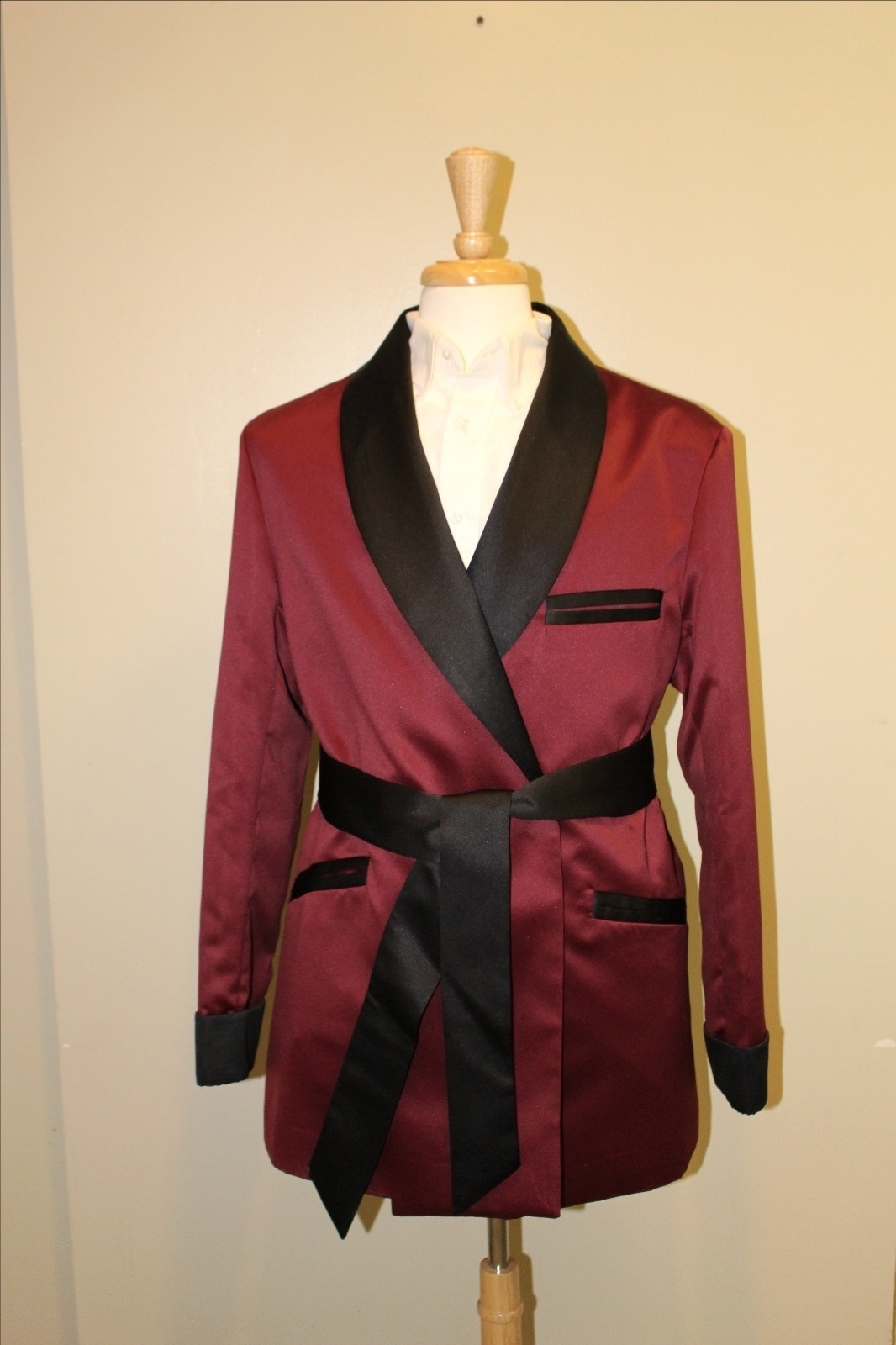 Mens Smoking Jacket- Burgundy / Black Satin -Fully Lined