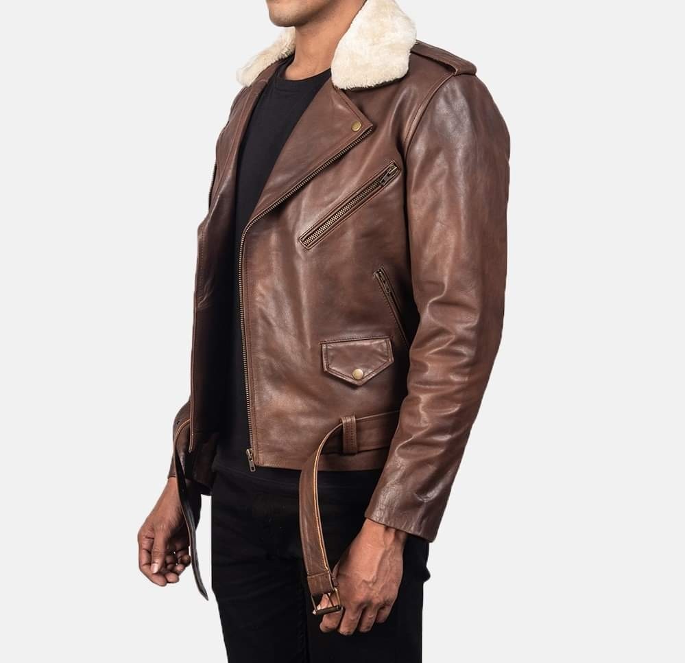 Men’s Genuine Dark Brown Leather Motorcycle Biker style Shear-ling Collar Jacket