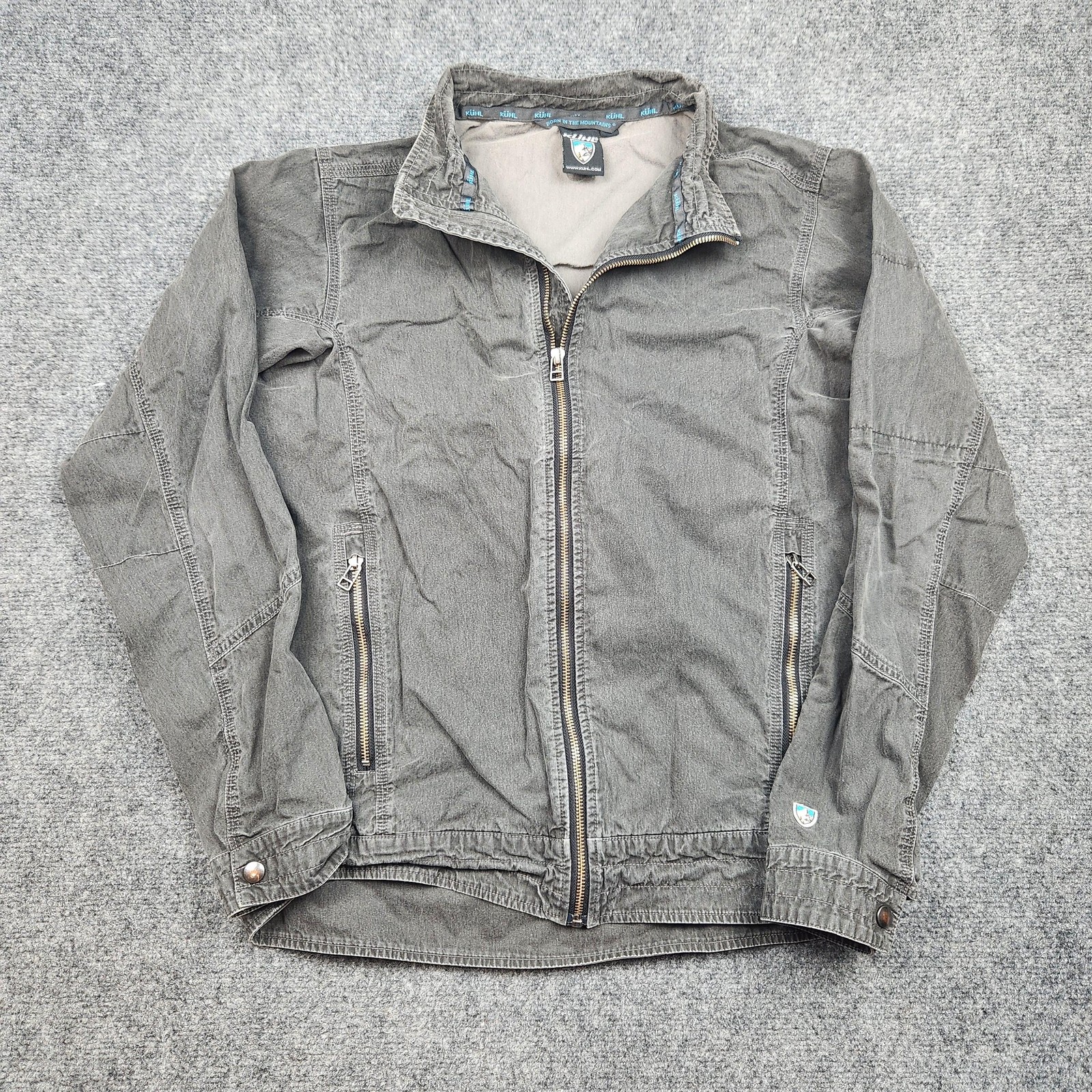 Kuhl Burr Jacket Mens Small Gray Canvas Full Zip Stand Collar Windbreaker Hiking