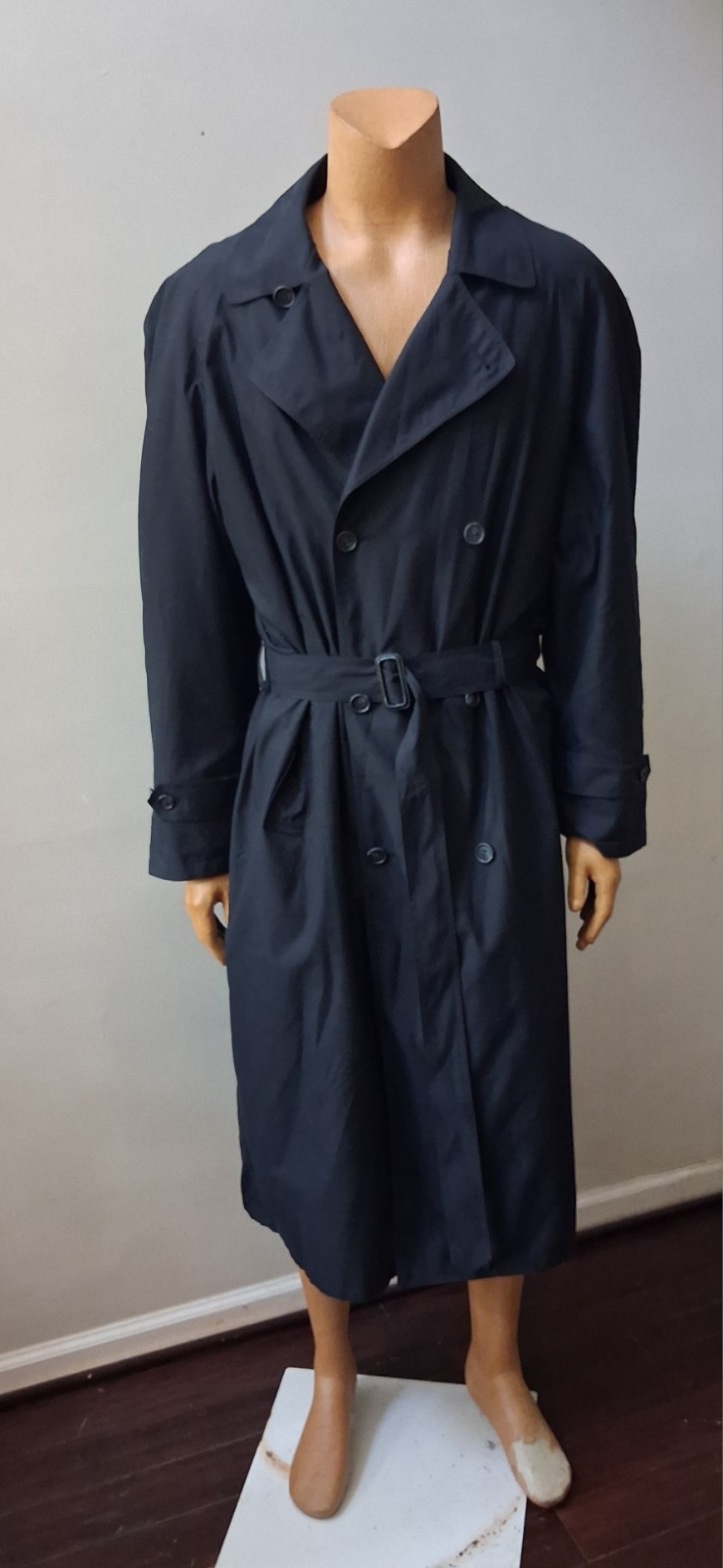 BILL BLASS DOUBLE BREASTED VTG 100% WOOL LINED BELTED TRENCH COAT LONG sz 44L