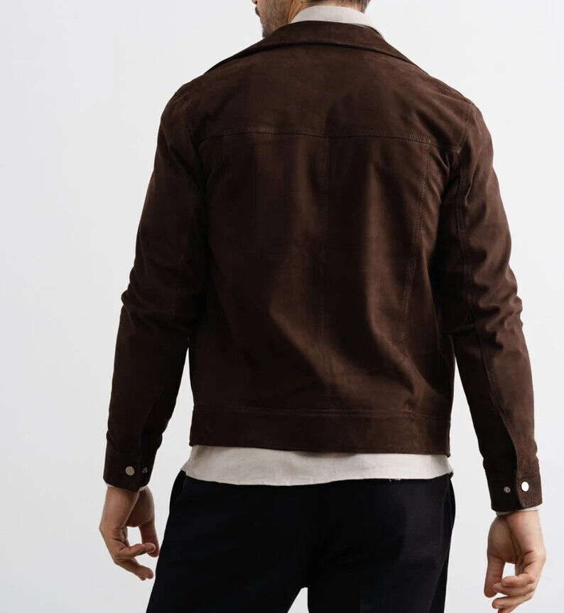 Brown Handmade Men 100%Lambskin Designer Leather Biker Party Zipper Suede Jacket