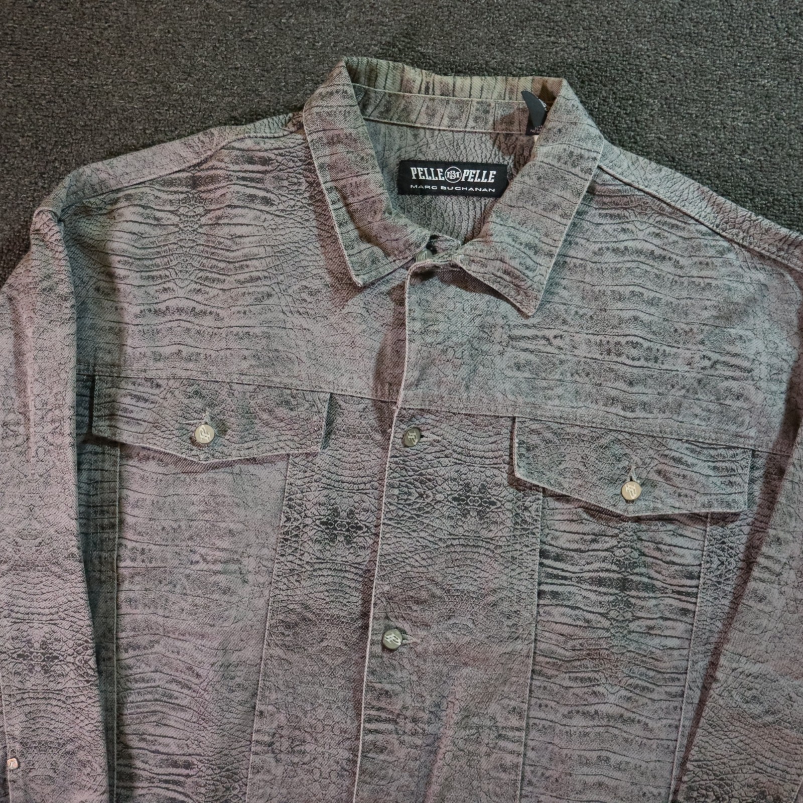 Pelle Pelle Jacket Mens 4XL Gray Denim Trucker Python Pattern 90s Hip Hop Retro