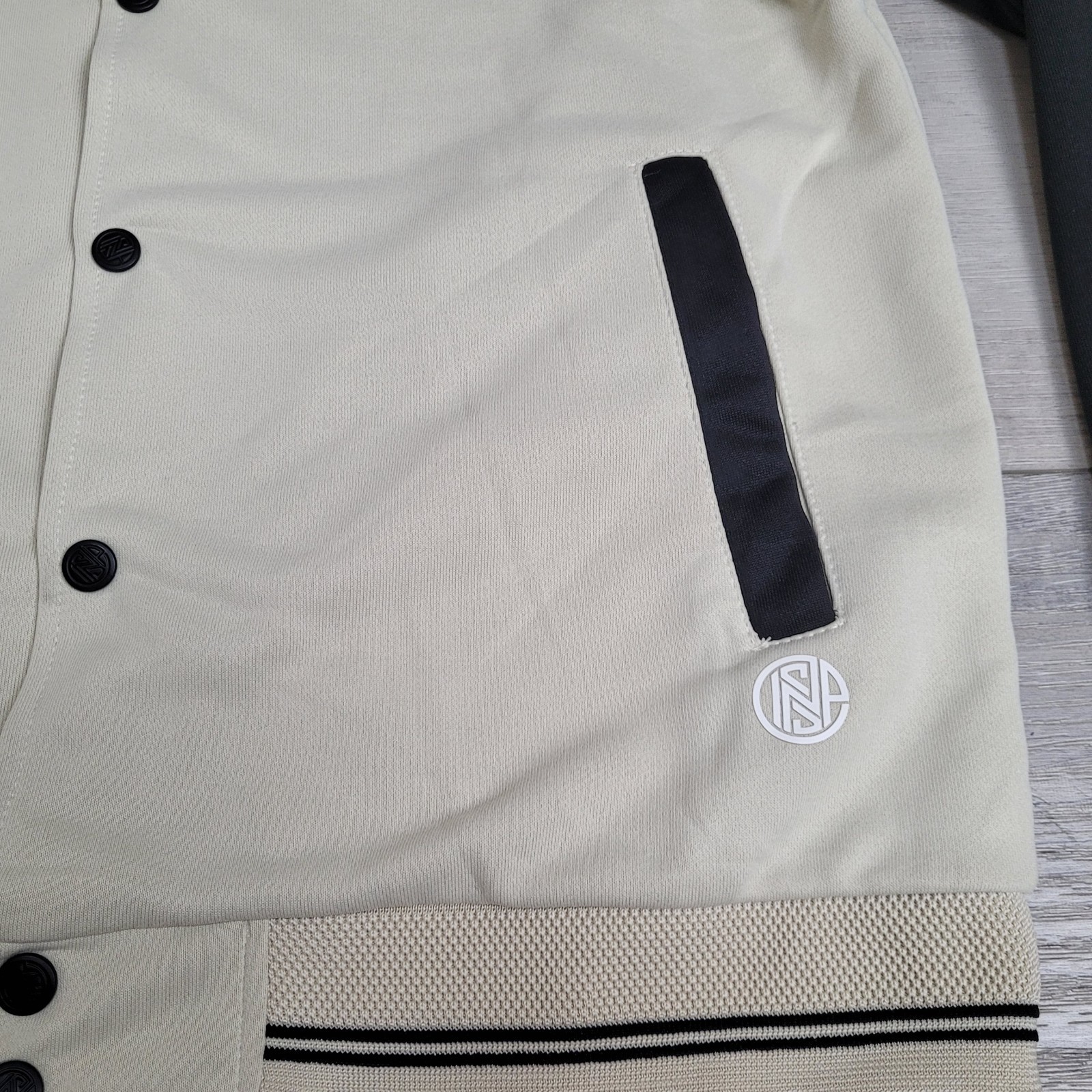 🧢INSPI Korean Bomber Varsity Jacket Unisex Large Ivory/Black Streetwear NWT