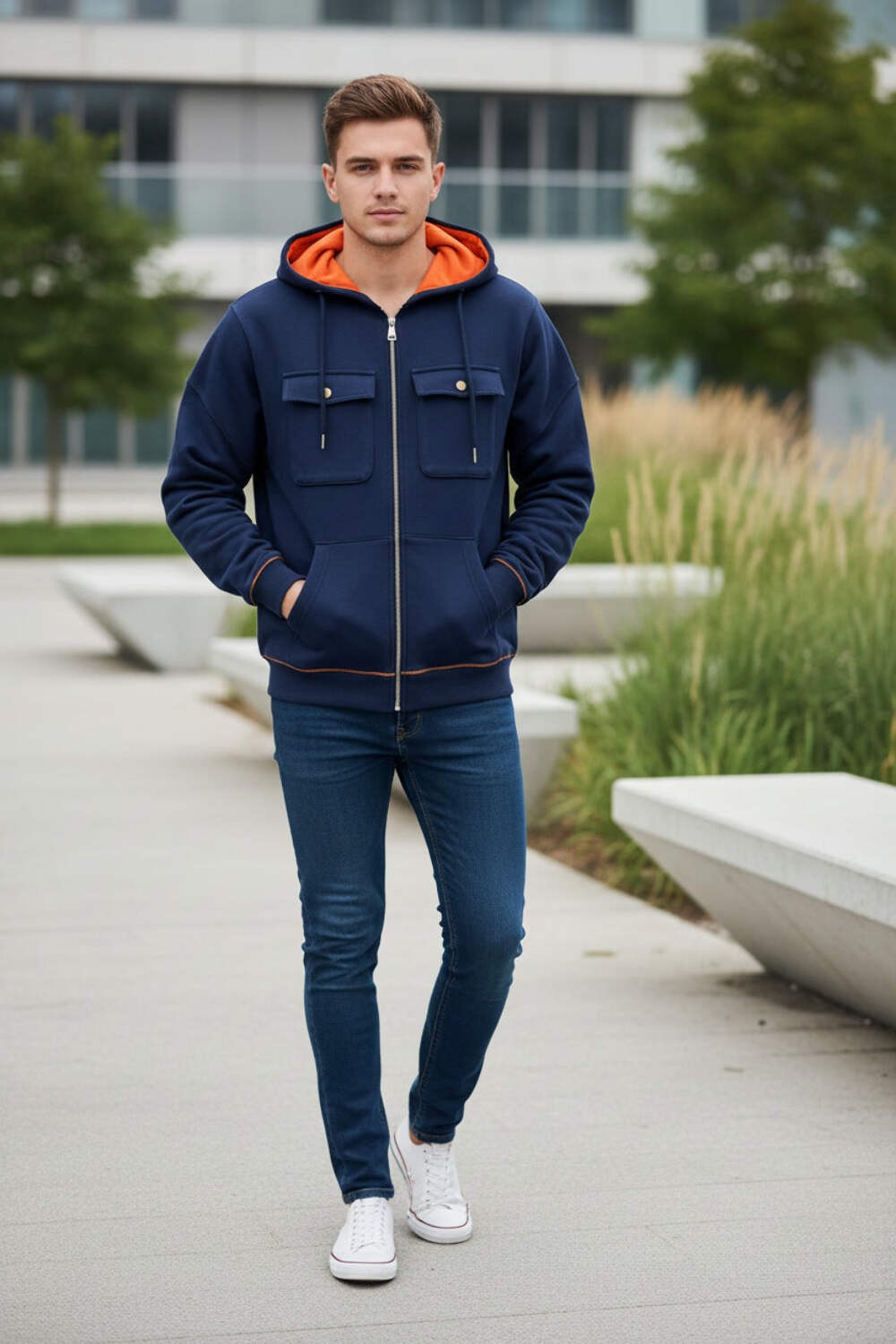 Retro Workware Hooded Sweatshirt Men’s Zipper Solid-Color Warm Sports