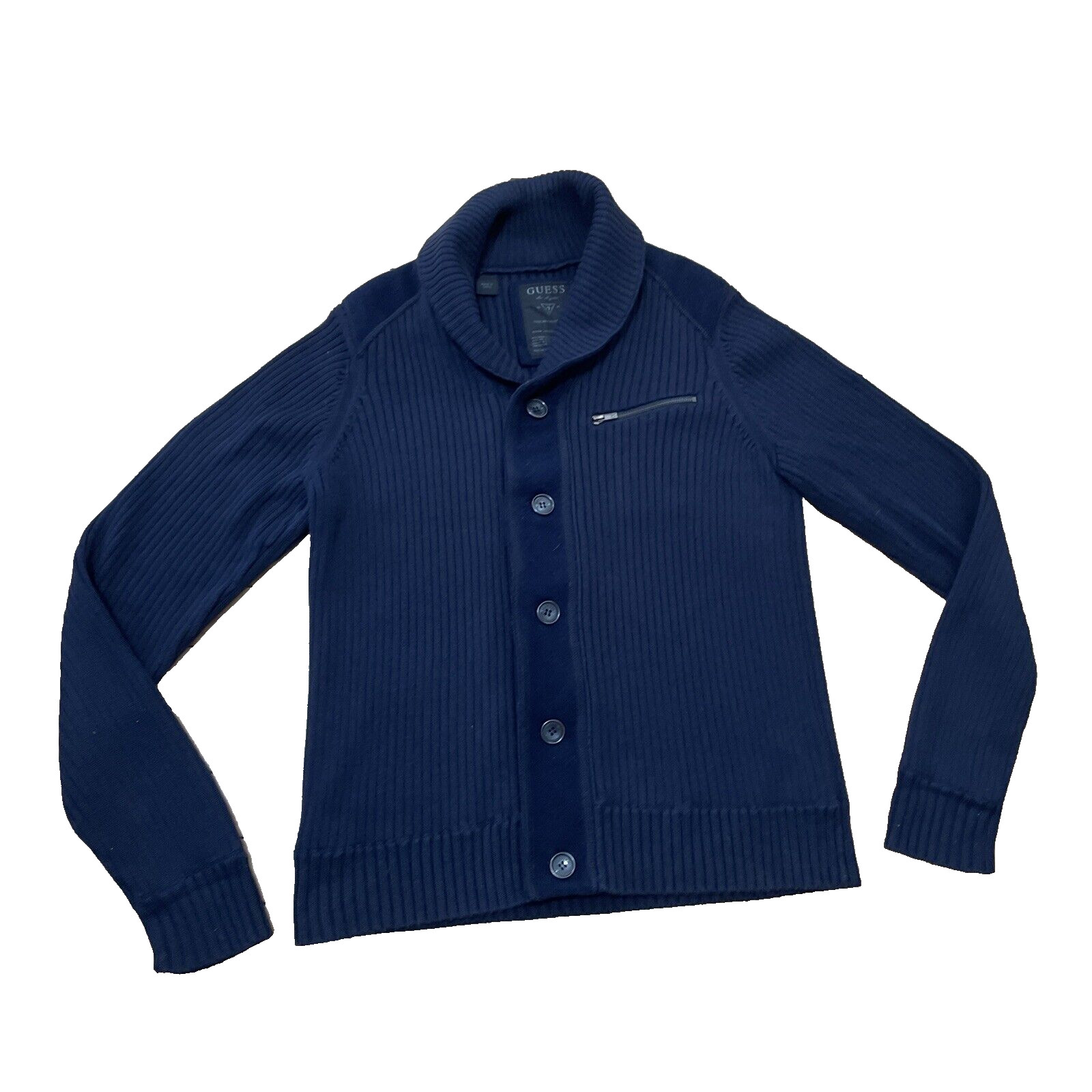 GUESS Cowl Neck Wool Blend Ribbed Jacket Men M Blue Business Zip Button Knit