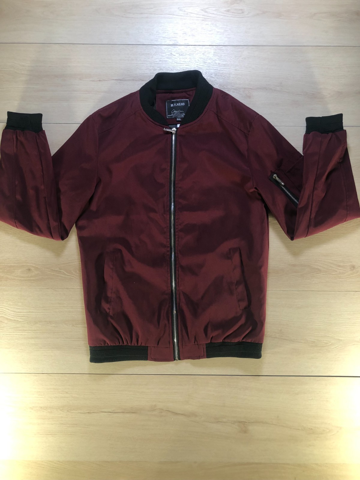 H.T. NIAO Men’s Burgundy Bomber Jacket Full Zip MA-1 Flight Style Size 3XL