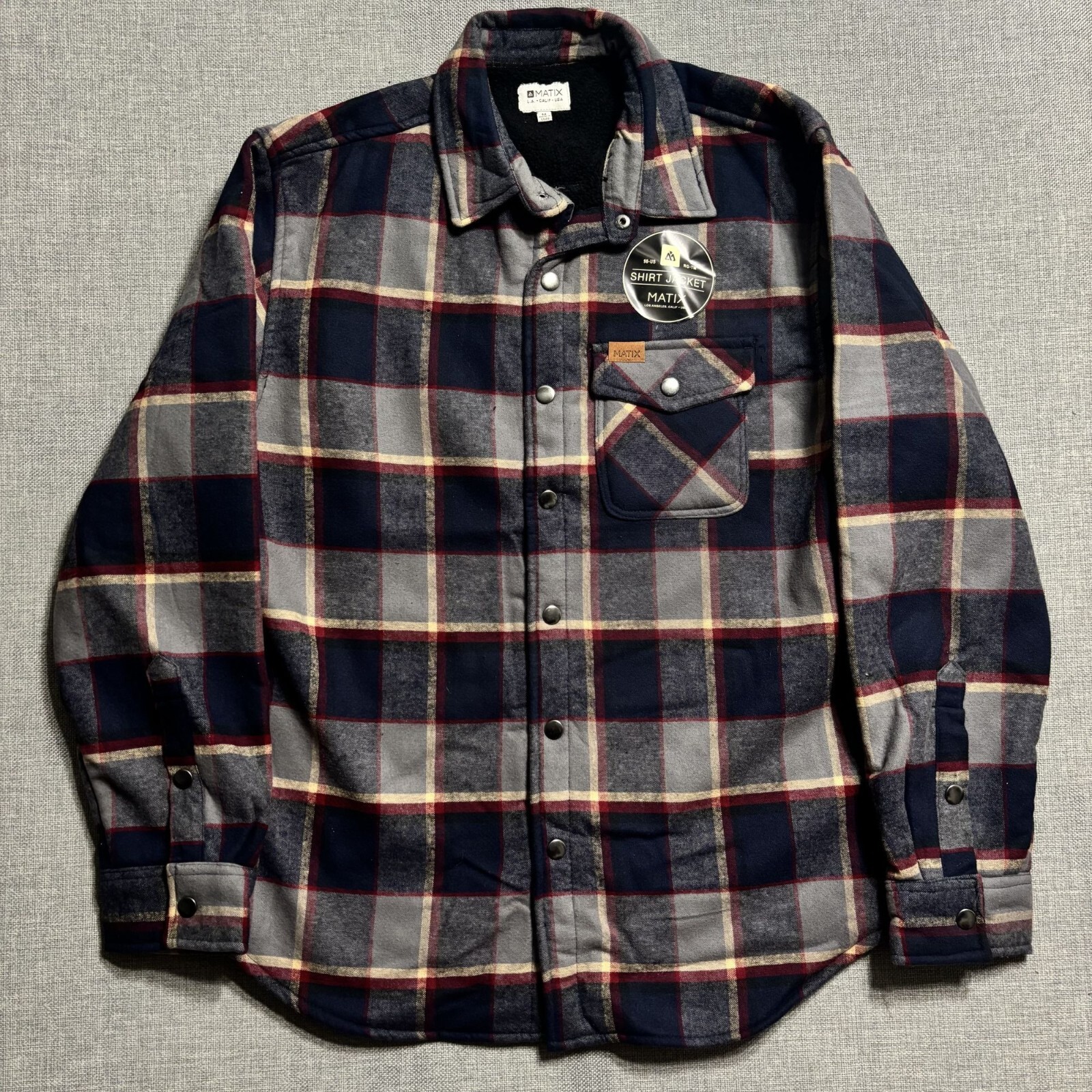 Matix Mens Plaid Shirt Jacket Black Gray & Red Cotton Polyester Blend.