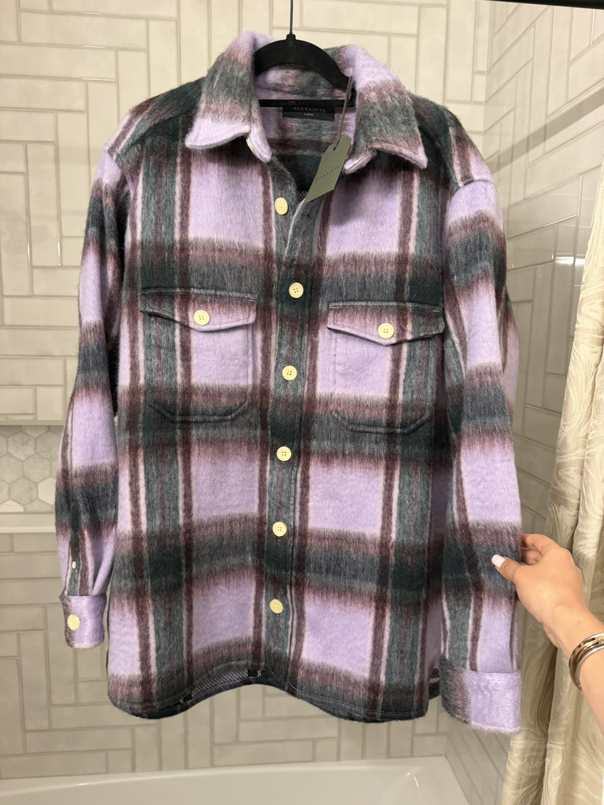 AllSaints Zeiser Check Oversized Shirt Jacket Plaid Purple Green Black L