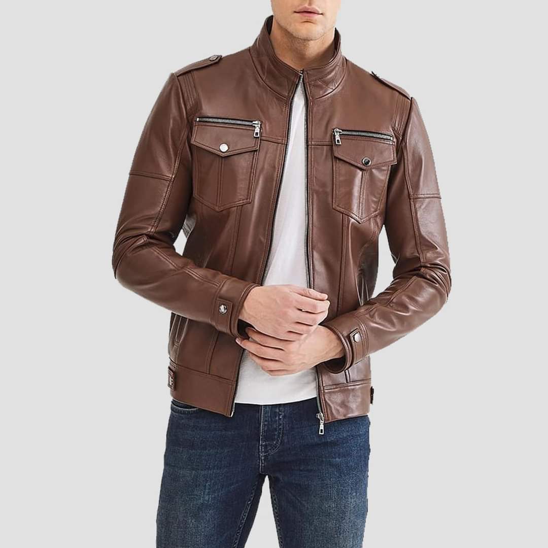Mens brown leather jacket, Men multi pockets biker jacket, Jackets for men