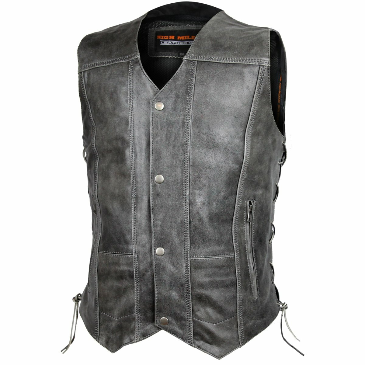 Mens Motorcycle Riding 10 Pocket Distressed Grey Biker Leather vest single panel