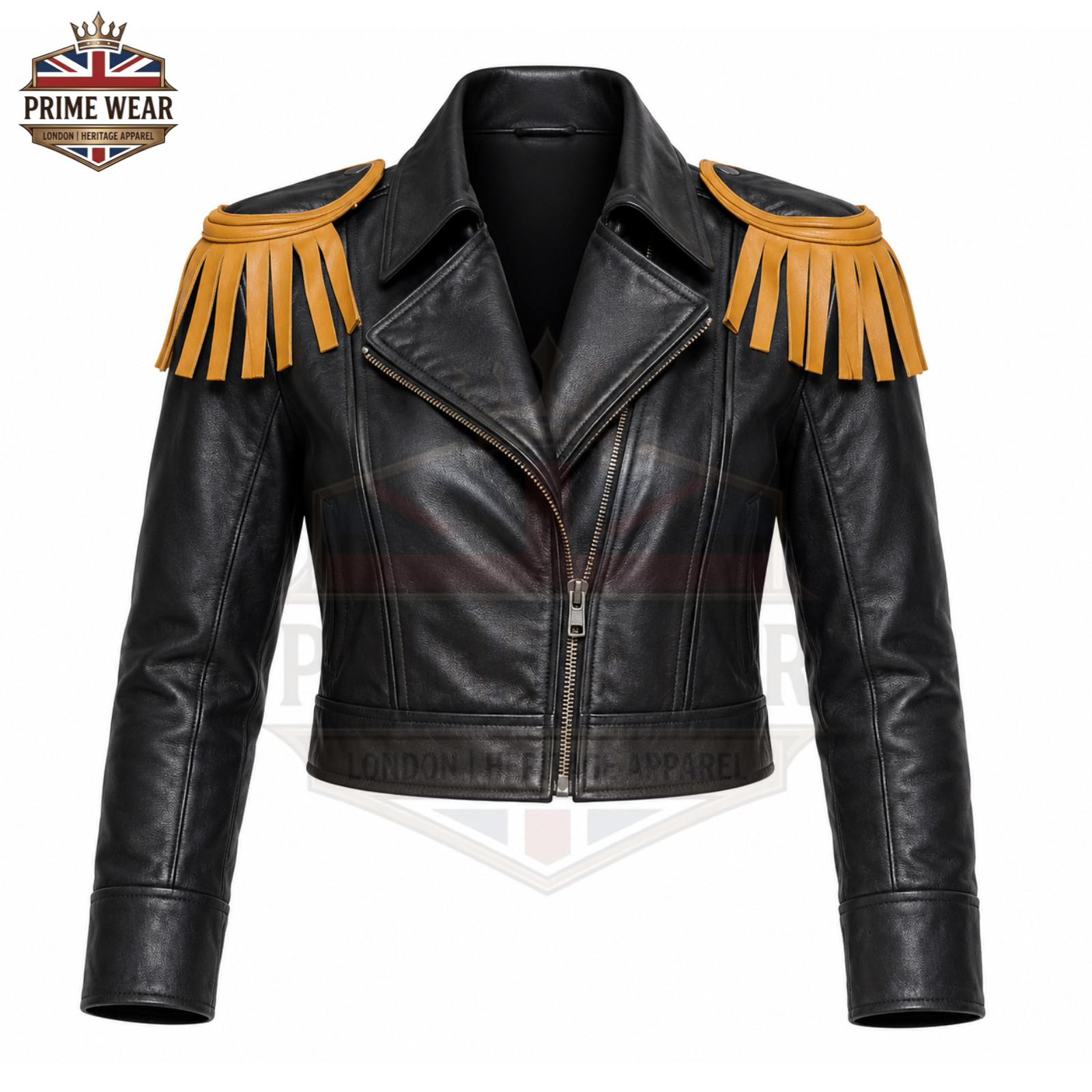 Men’s Genuine Leather Biker Jacket Black Gold Fringe Epaulettes Motorcycle