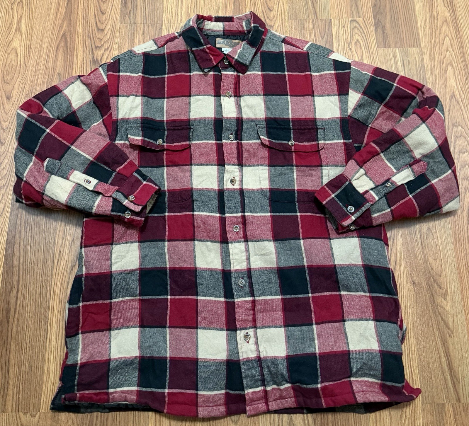 Quilt Lined Flannel Shirt Jacket Mens Extra Large Red Plaid Workwear Brazos