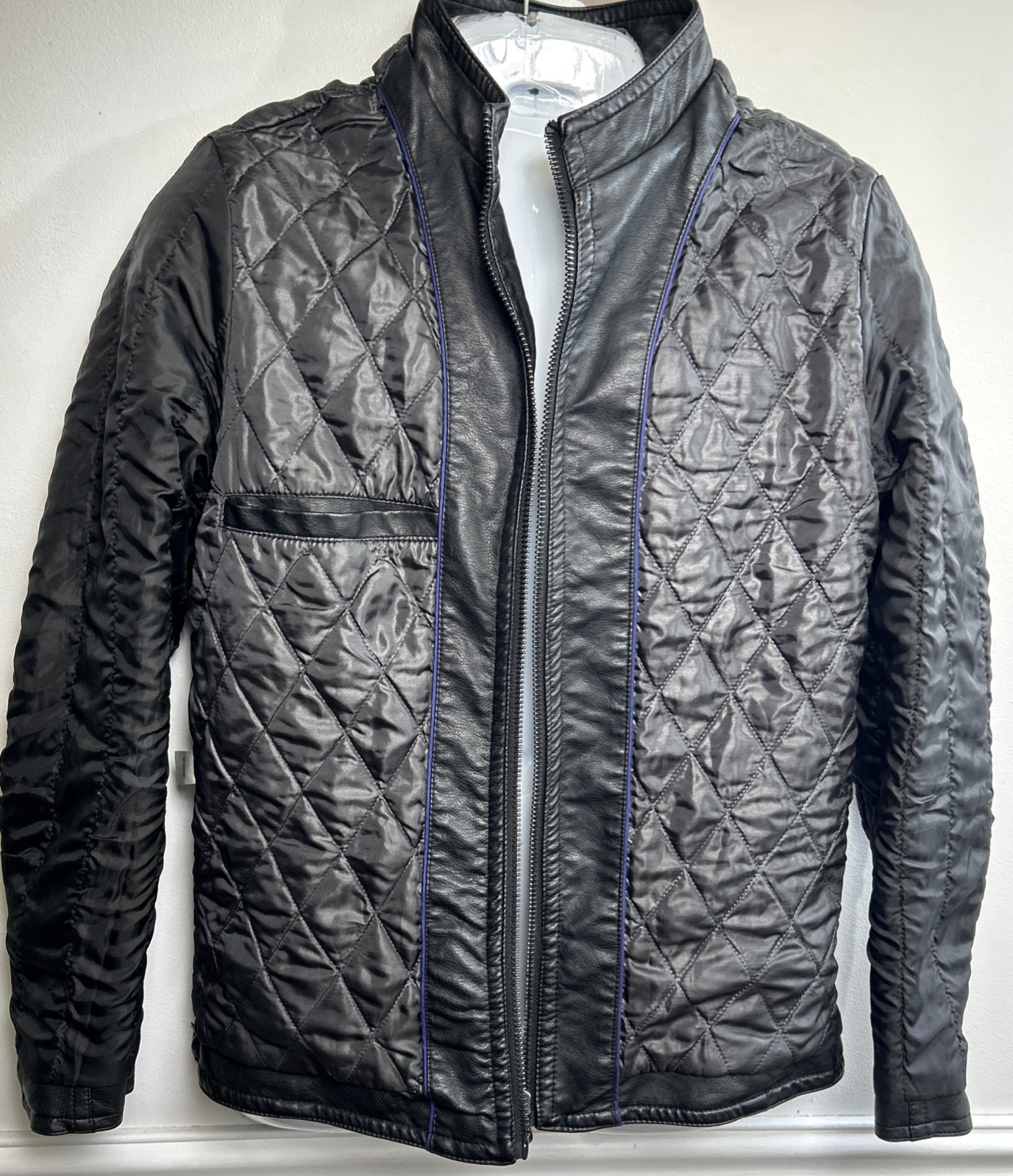 Men’s Vegan Leather Zip Motorcycle Jacket M Black Quilted Moch Neck Jos A Bank