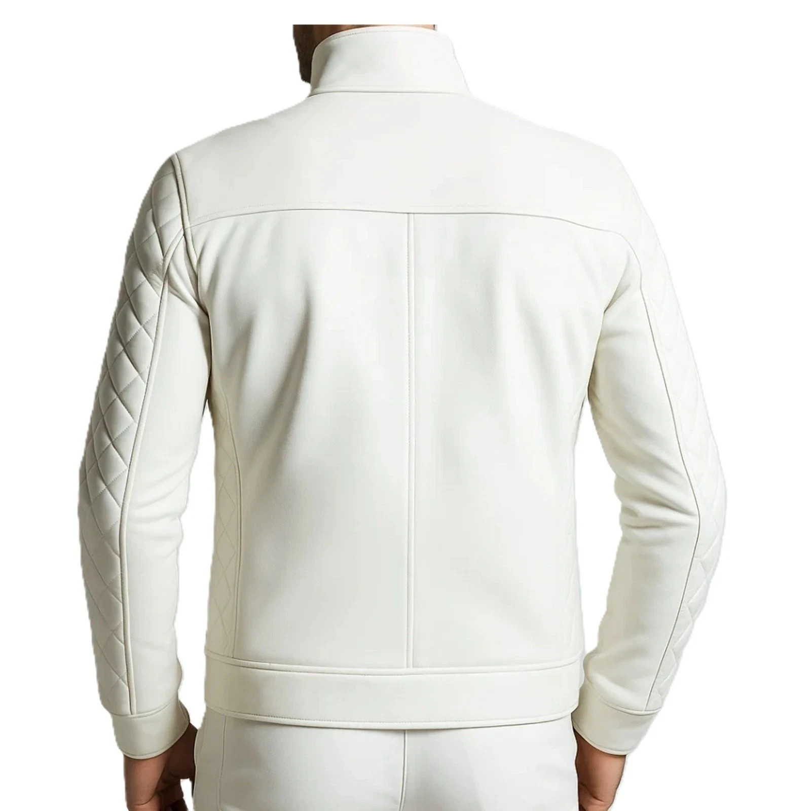 Men’s Real Lambskin Leather White Bomber Jacket Quilted Style Biker Coat Jacket