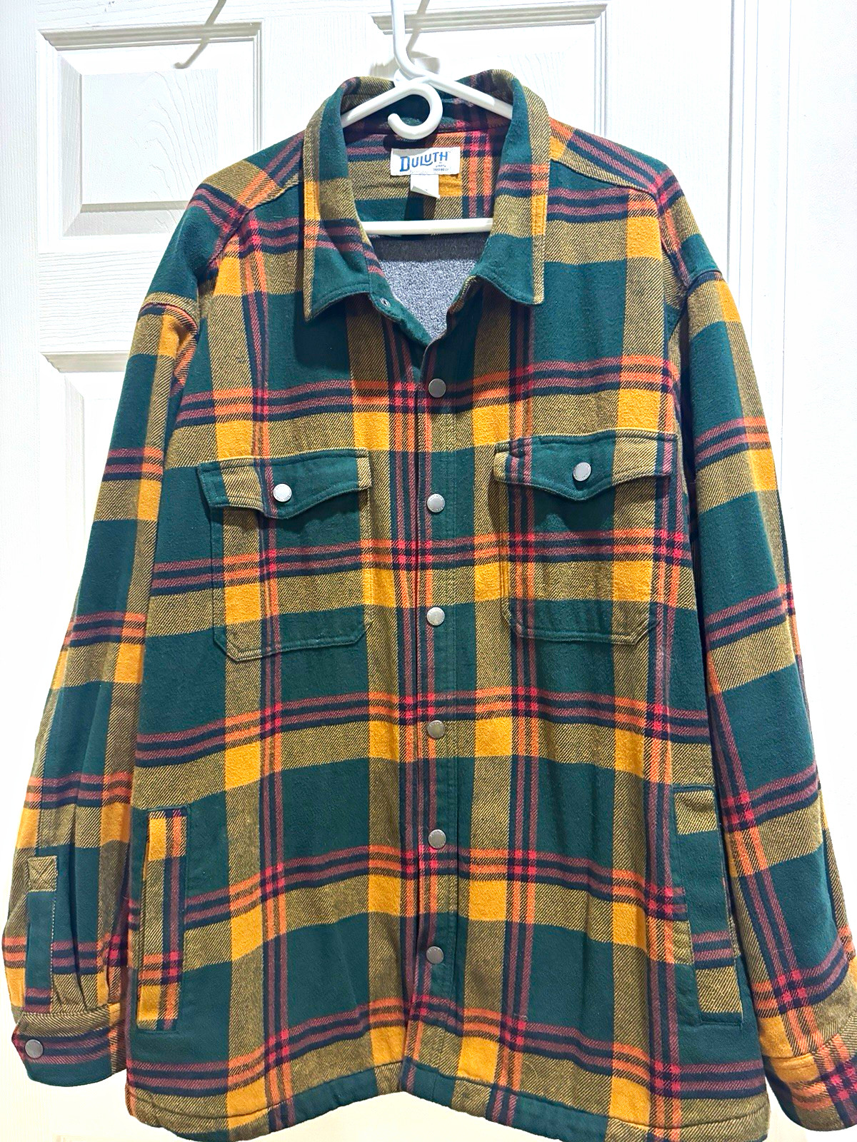 Men’s 3XL Duluth Men’s Plaid Lined Button-Up Shacket Jacket Green Tan Red