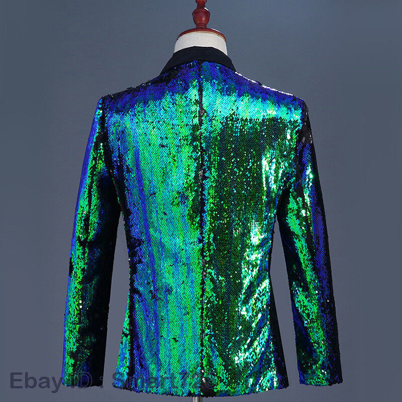 Men Reversible Two Tone Shiny Sequins Jacket Suit Blazer Fancy Dress Outfit Sets