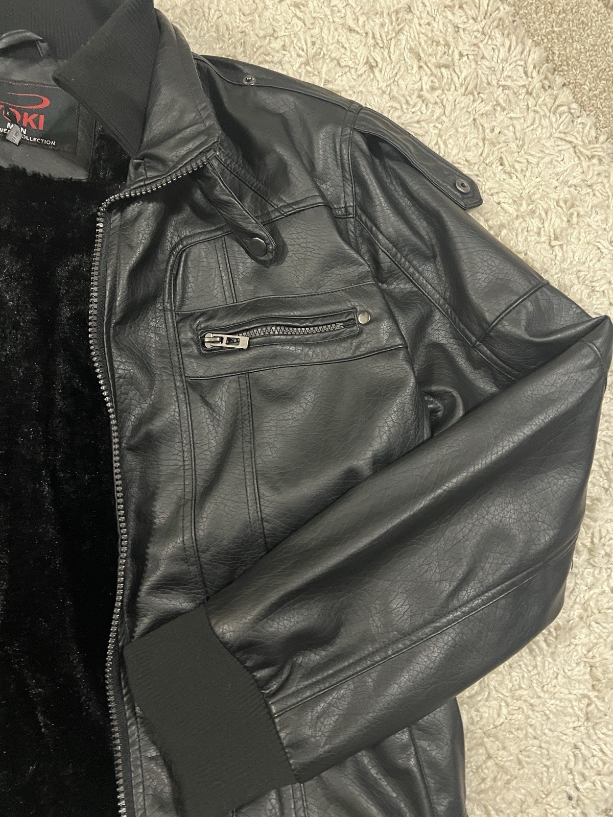Yoki Men’s Black Bomber Leather Jacket Size XL Faux Fur Lined Full Zip Vintage