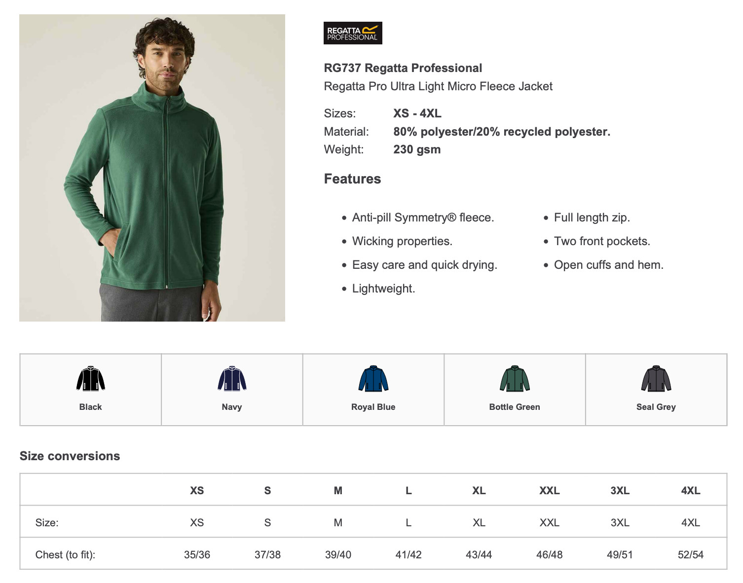 Ultra Light Fleece Regatta Pro Sizes: XS – 4XL