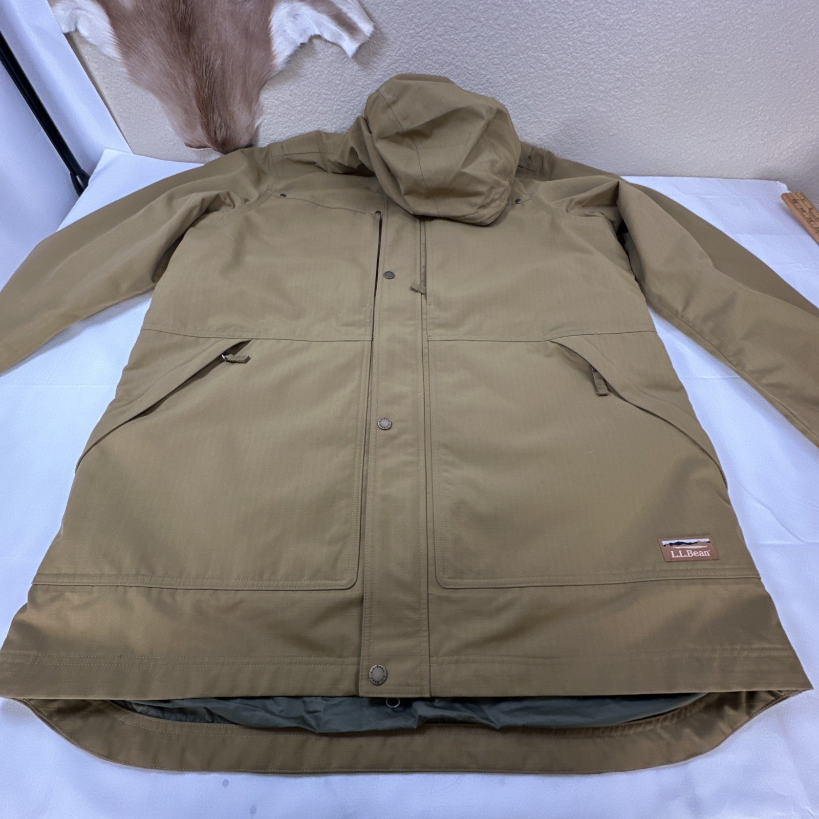 L.L. Bean Mens Parka Hoodie Jacket Waterproof All Season Removable Lined Tan XL