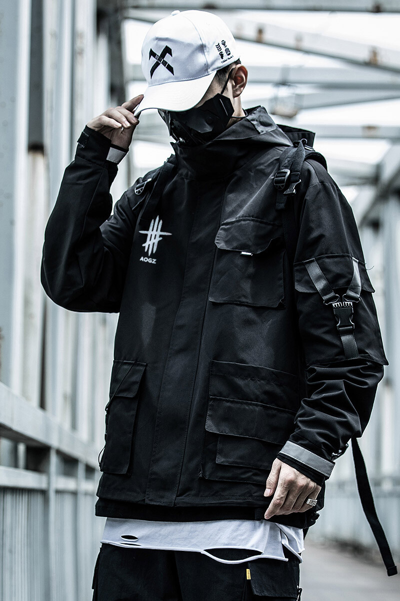 Niepce Techwear Cargo Jacket Streetwear Fashion Black Zipper Windbreaker Coat