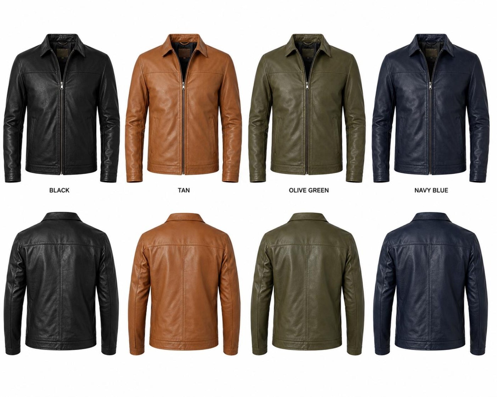 Mens Real Leather Jacket Classic Shirt Collar Zip Front Biker Casual Coat