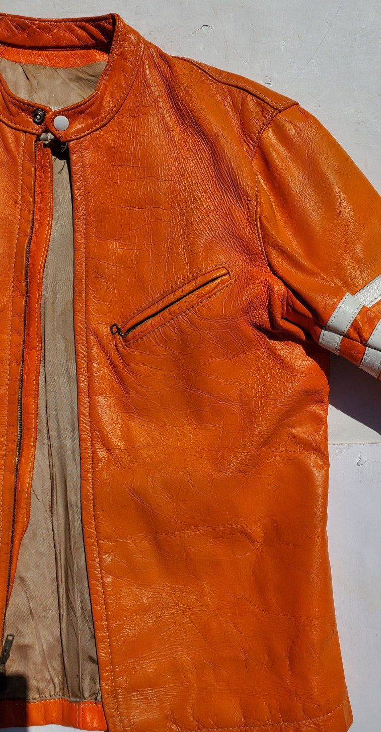 Vtg Bates Leather Motorcycle Racing Jacket Harley Orange w Stripes 1960’s L Cafe