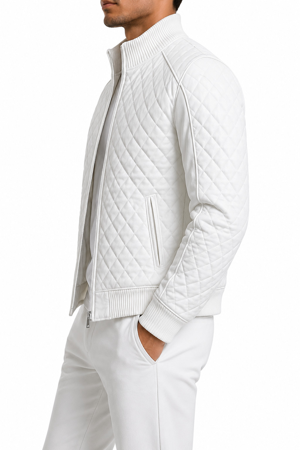 Men’s White Quilted Bomber Jacket Real Genuine Leather Ribbed Collar Cuffs Coat