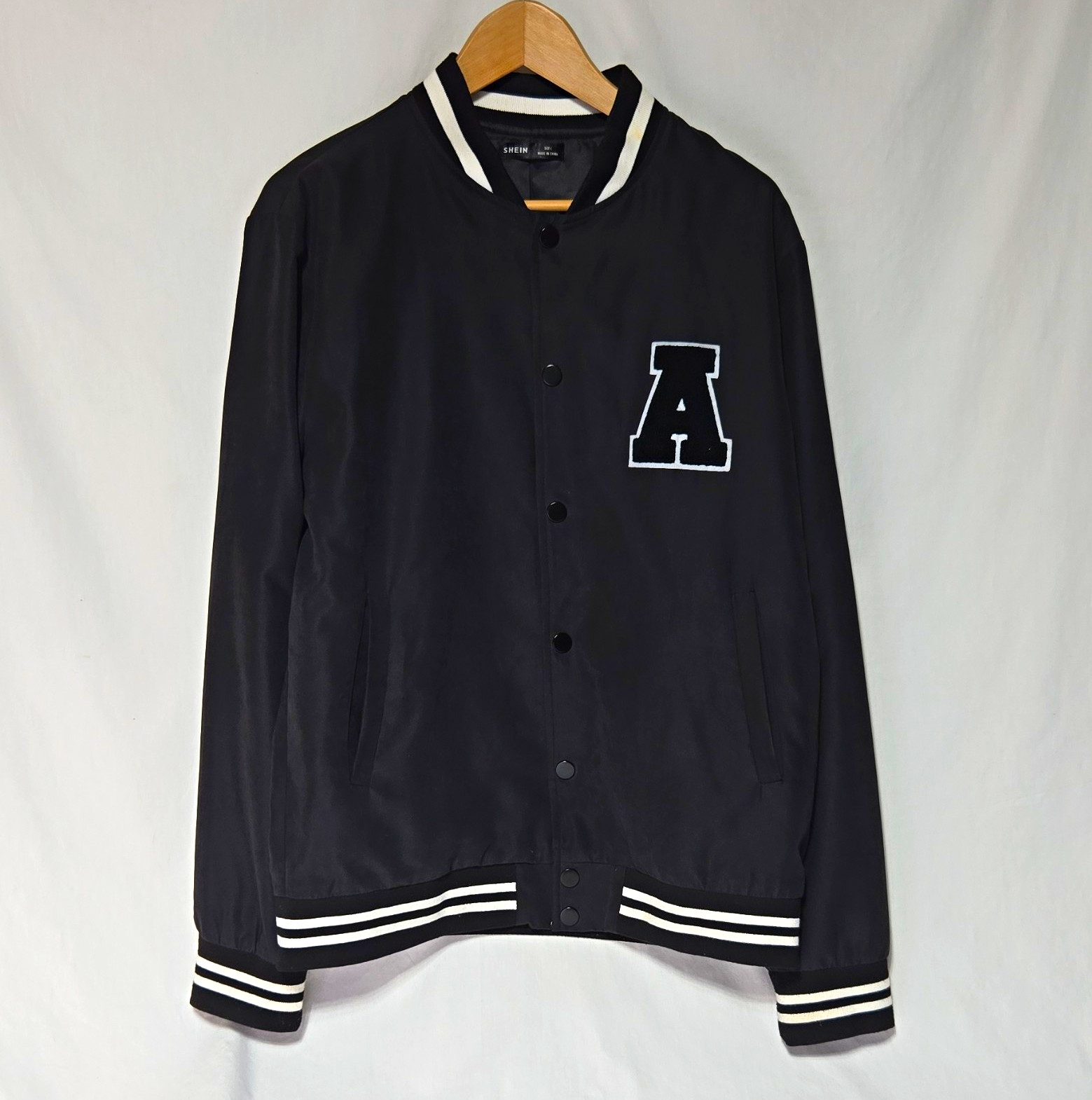 SHEIN Men’s Black/White Varsity Jacket L Snap 2 Front Pockets A Logo Accent