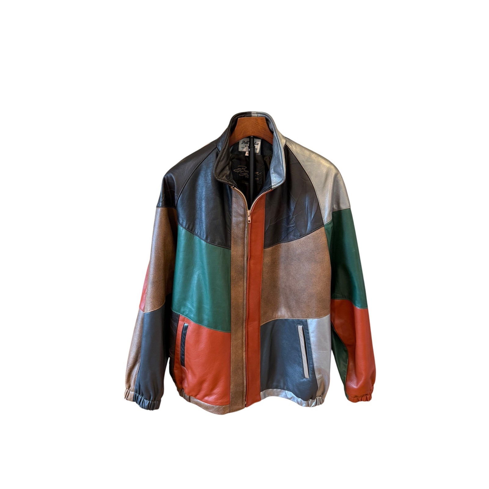 Vtg 90s Pelle Italia by Sandro Patchwork Leather Bomber Jacket Multi Color USA M