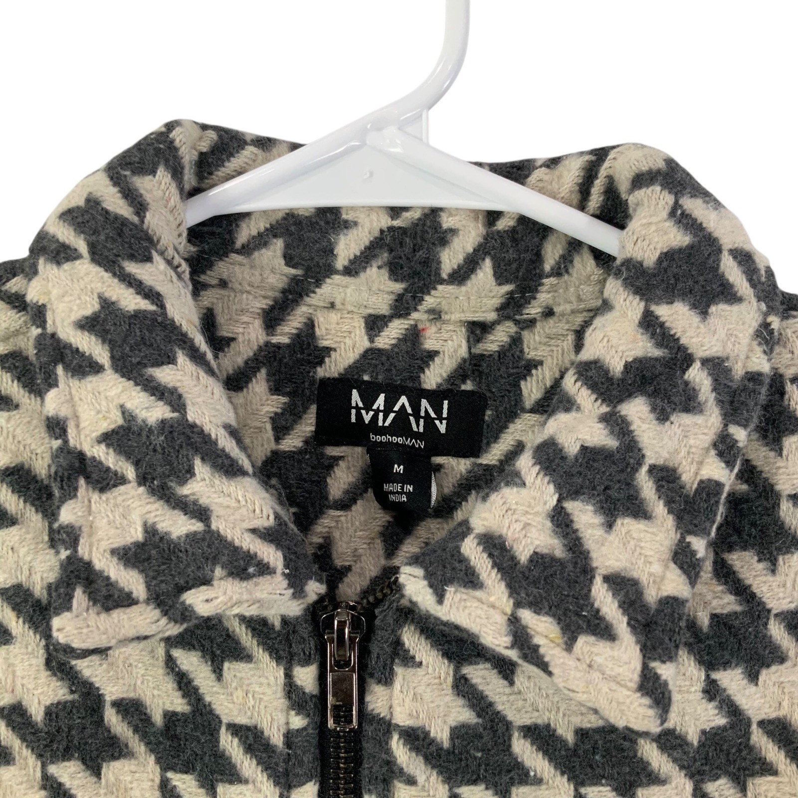 BoohooMan Houndstooth Full Zip Jacket Mens Size Medium Collared Casual Outerwear